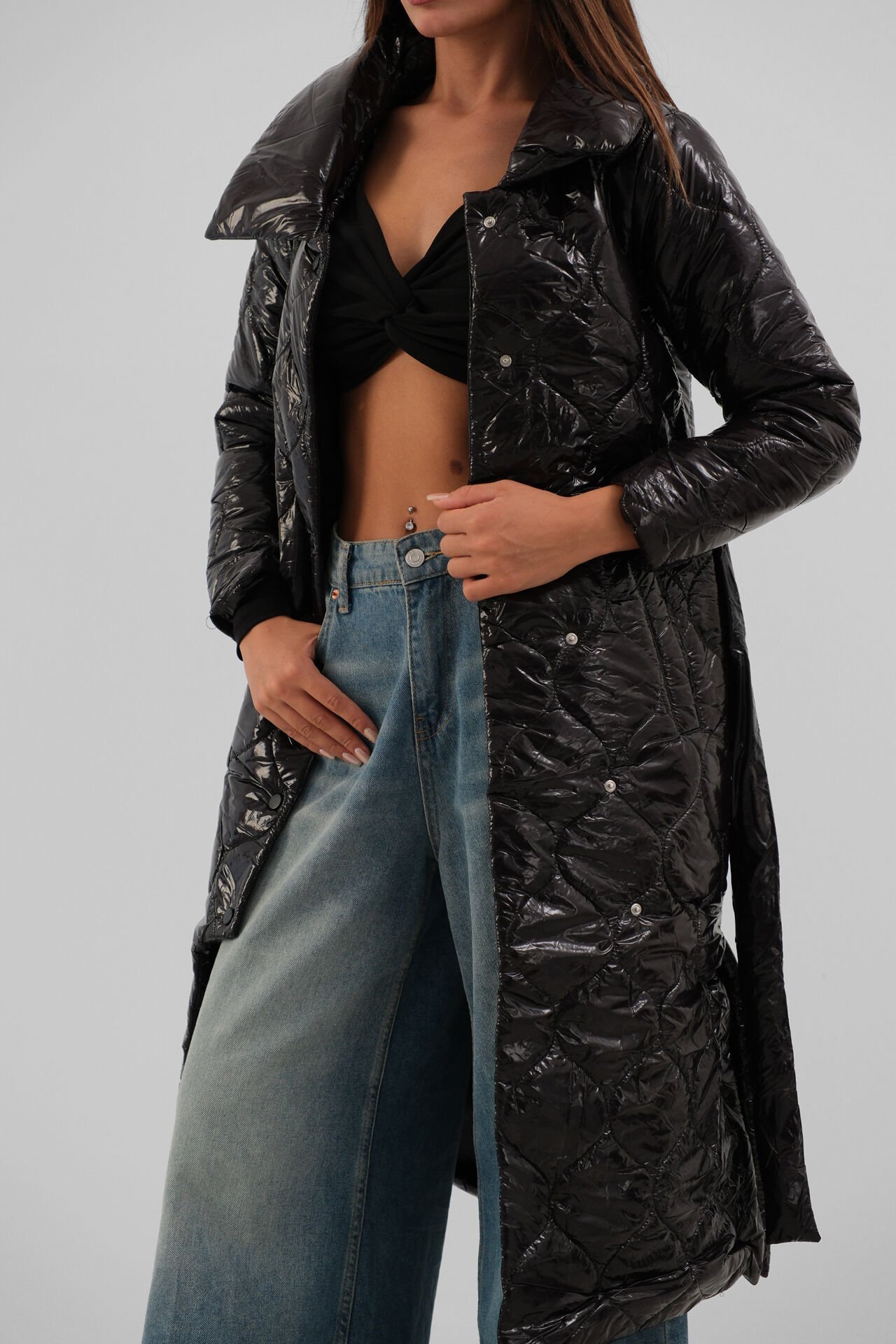 Wholesale Belted Patent Leather Black Puffer Maxi Coat