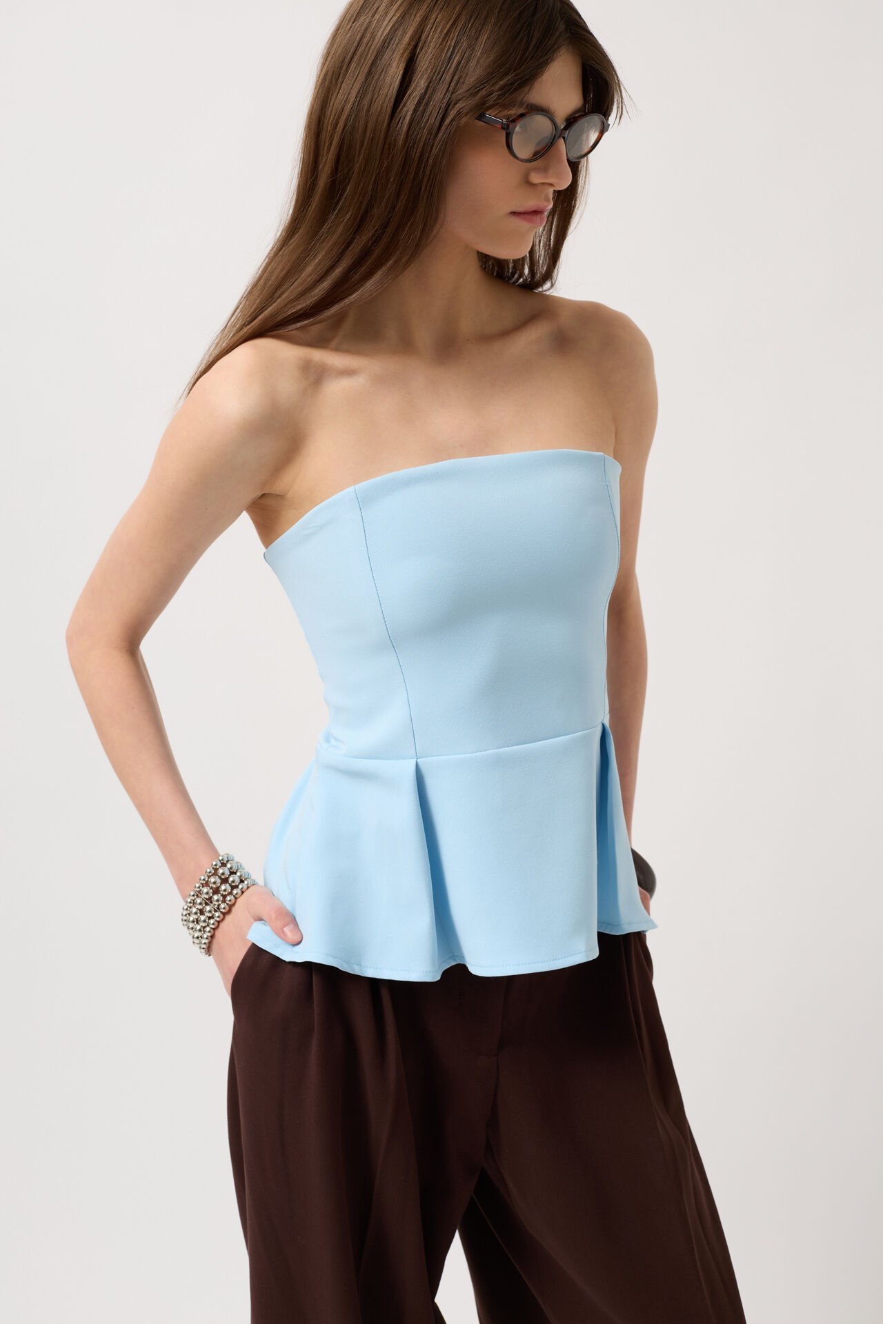 Wholesale Pleated Strapless Baby Blue Blouse