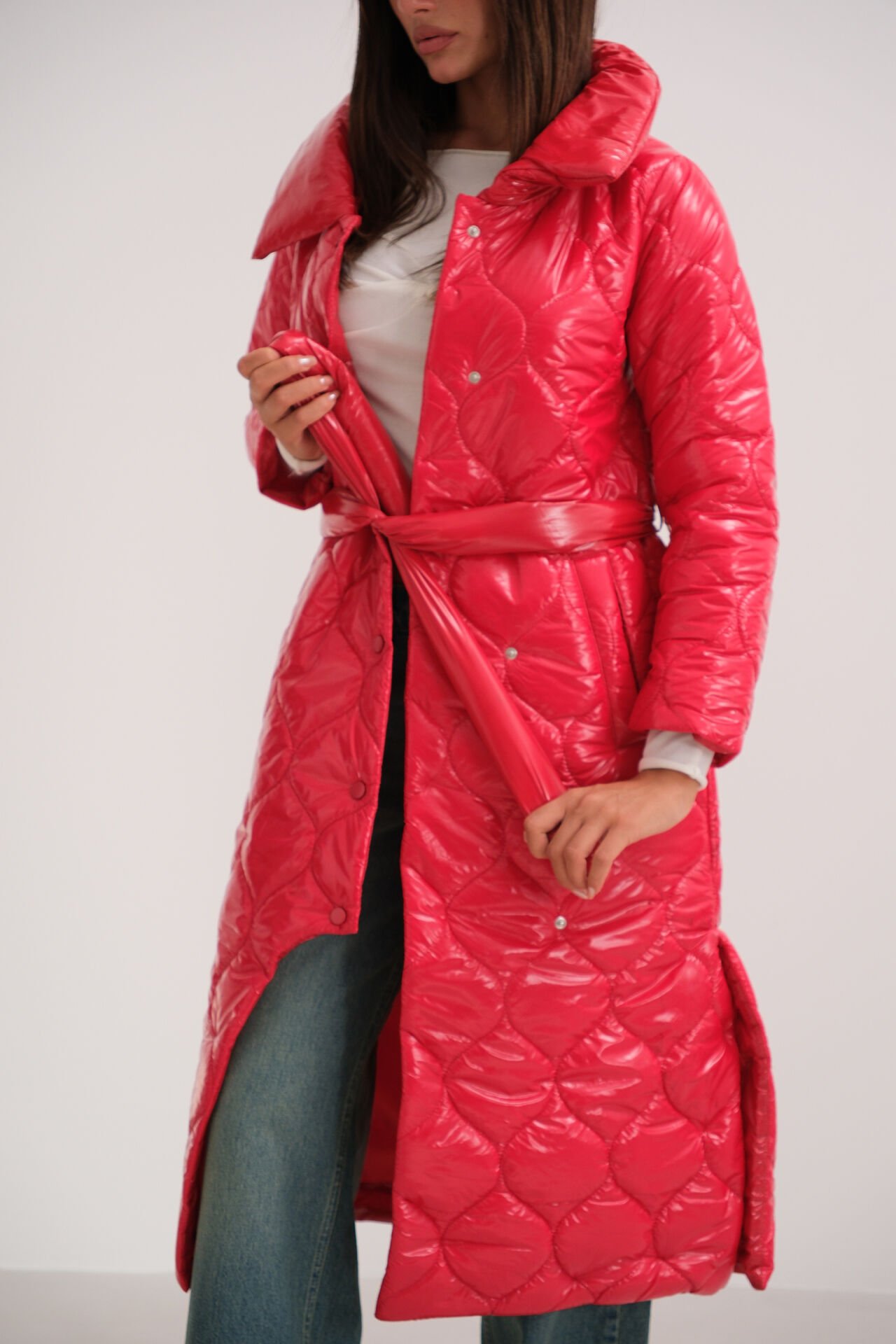 Wholesale Belted Patent Leather Puffer Red Maxi Coat