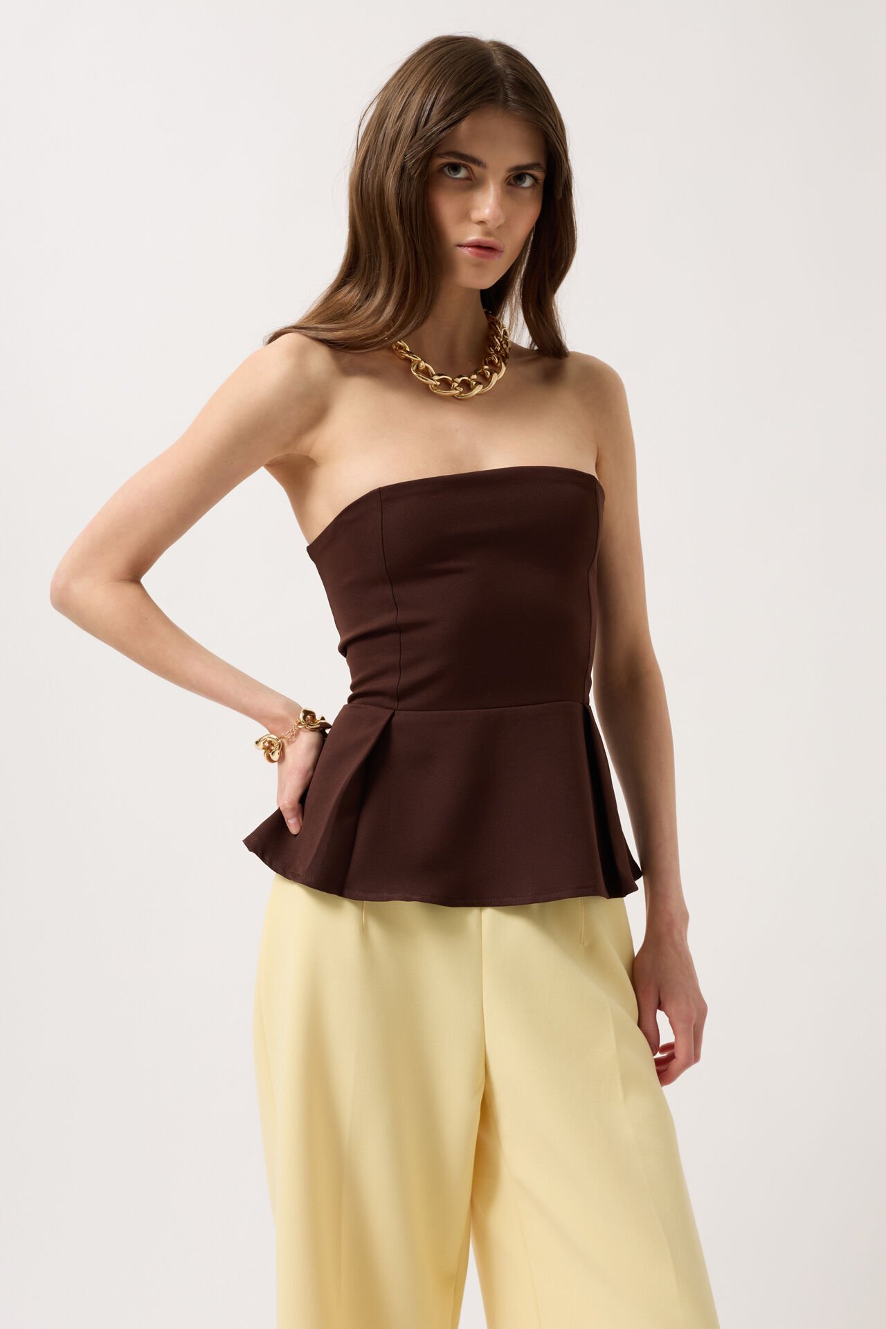 Wholesale Pleated Strapless Brown Blouse