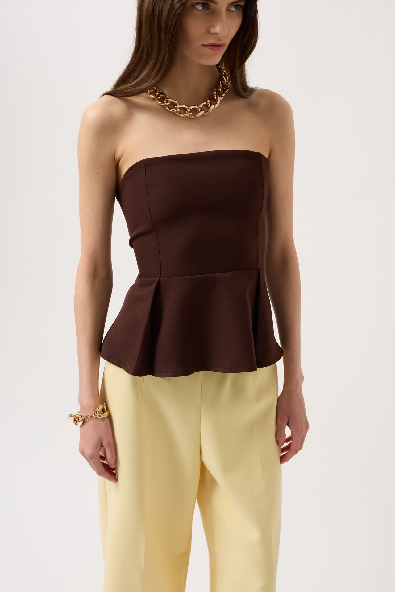 Wholesale Pleated Strapless Brown Blouse