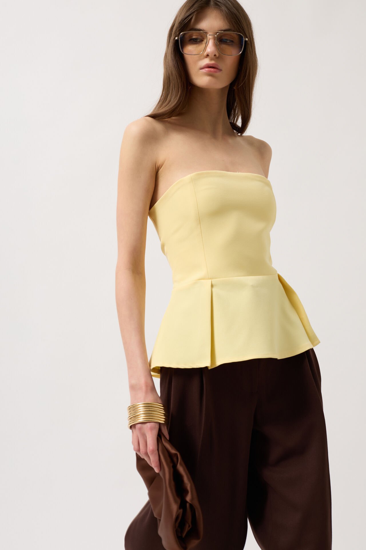 Wholesale Pleated Strapless Yellow Blouse