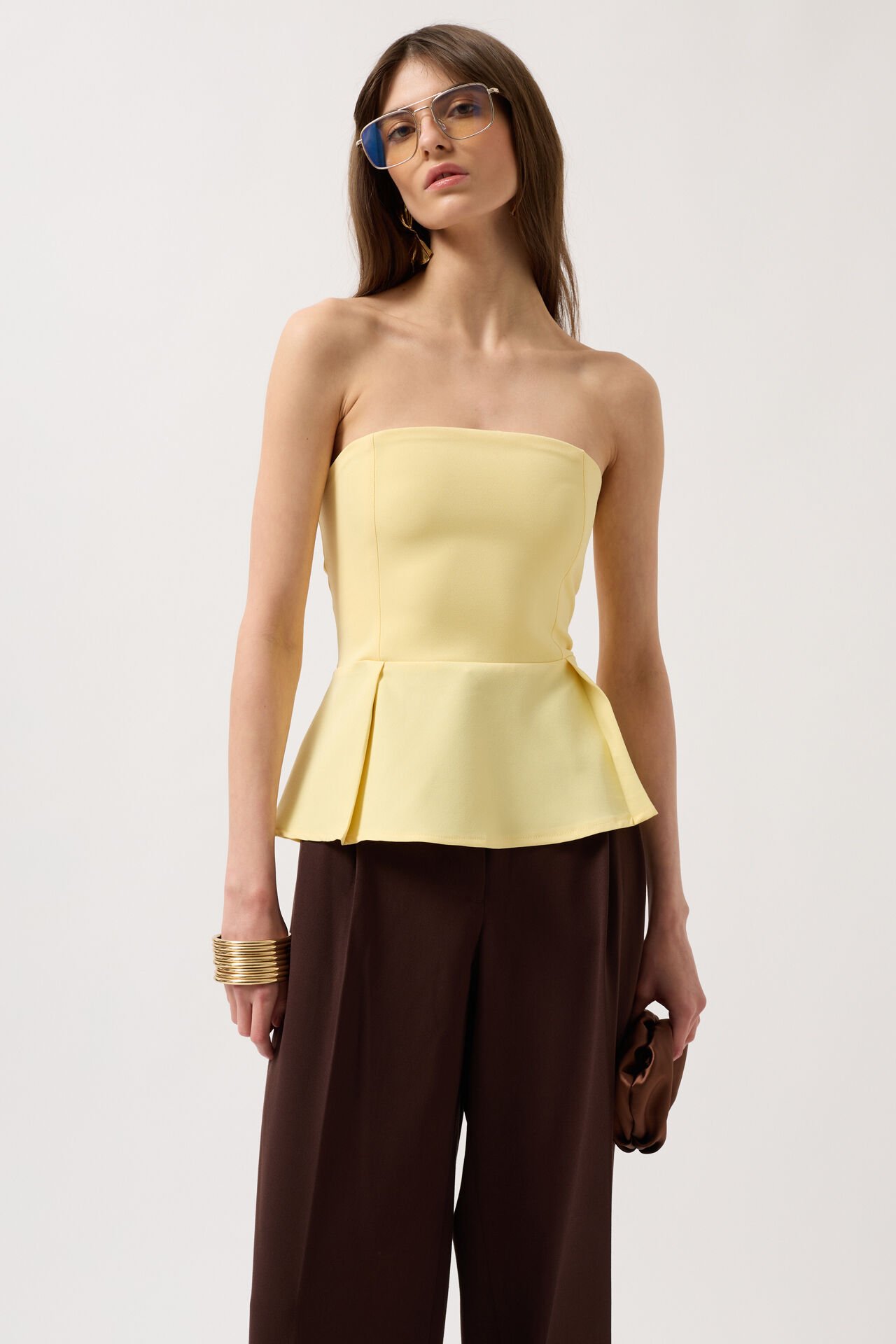 Wholesale Pleated Strapless Yellow Blouse