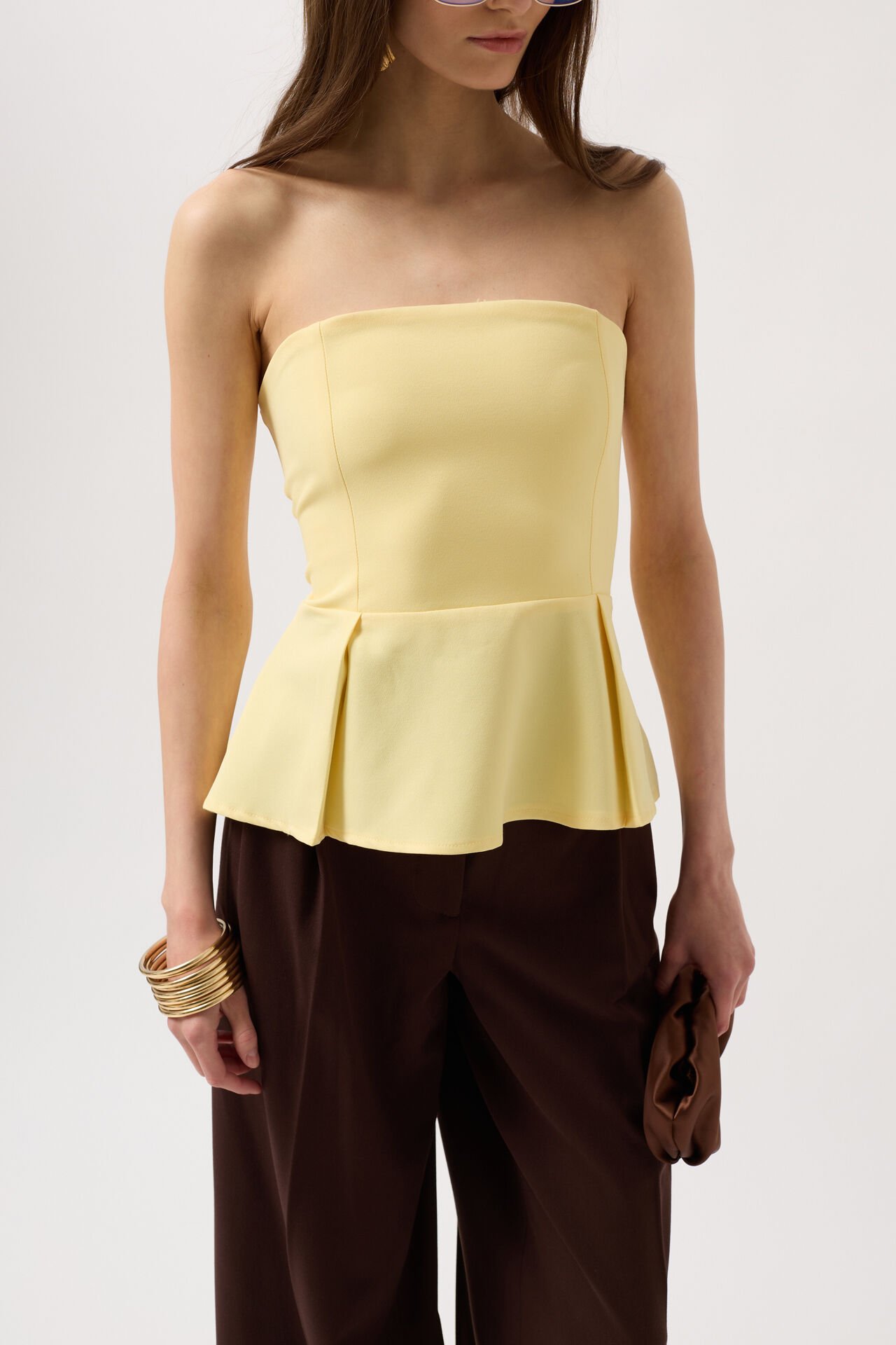 Wholesale Pleated Strapless Yellow Blouse