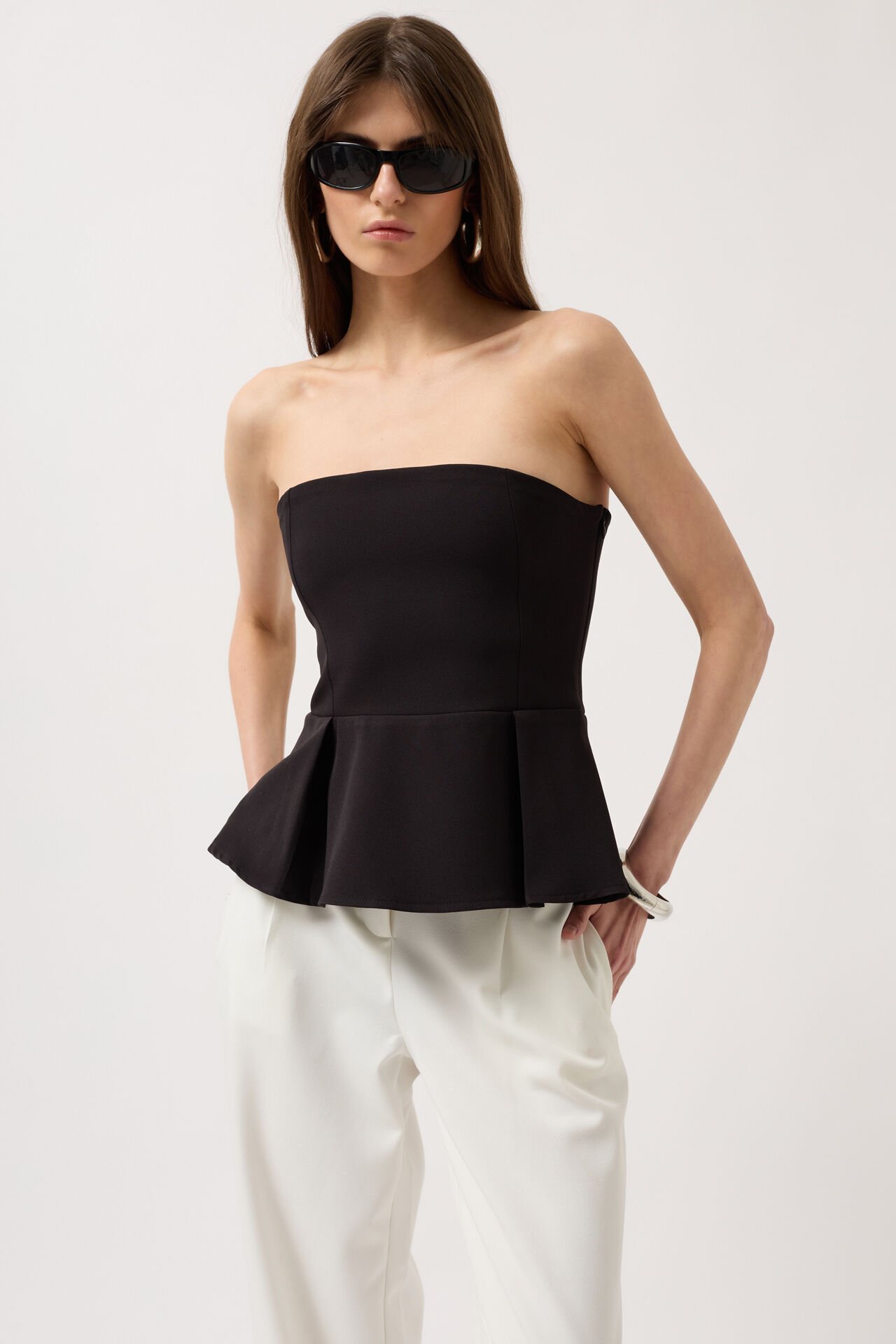 Wholesale Pleated Strapless Black Blouse