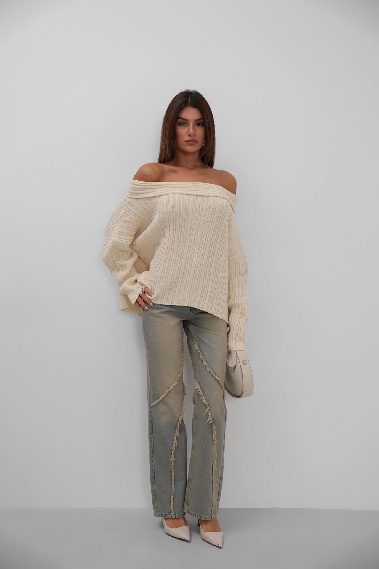 Wholesale Boat Neck Ribbed Knitted Sweater
