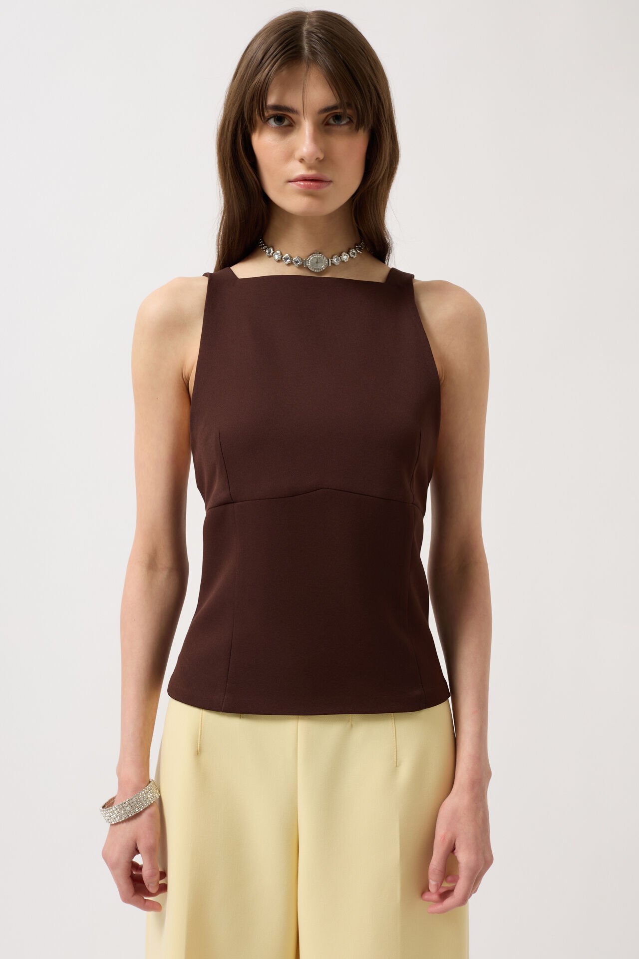 Wholesale Back Ribbon Detail Brown Blouse