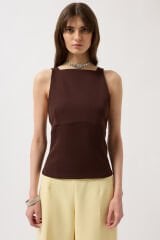 Wholesale Back Ribbon Detail Brown Blouse
