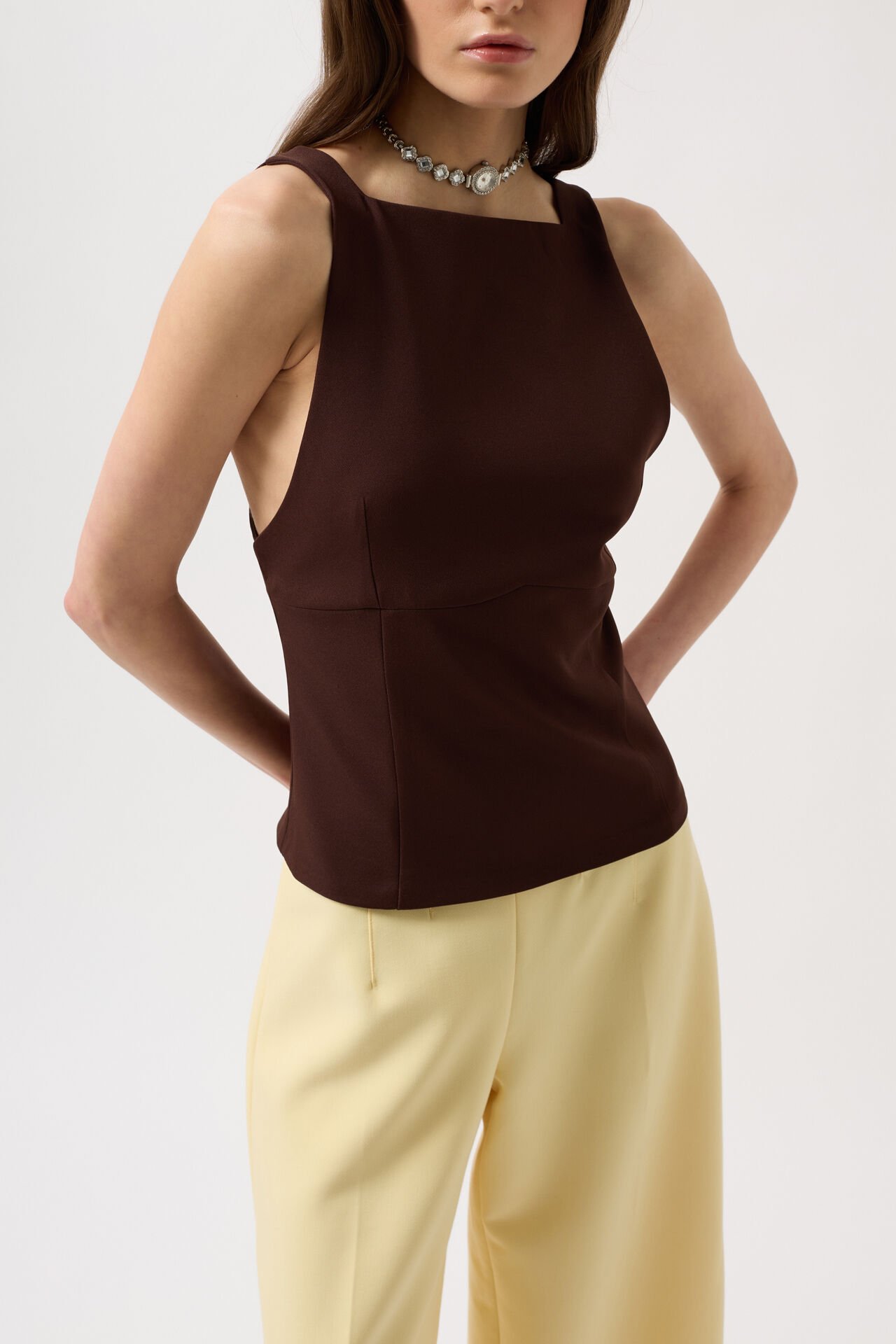 Wholesale Back Ribbon Detail Brown Blouse