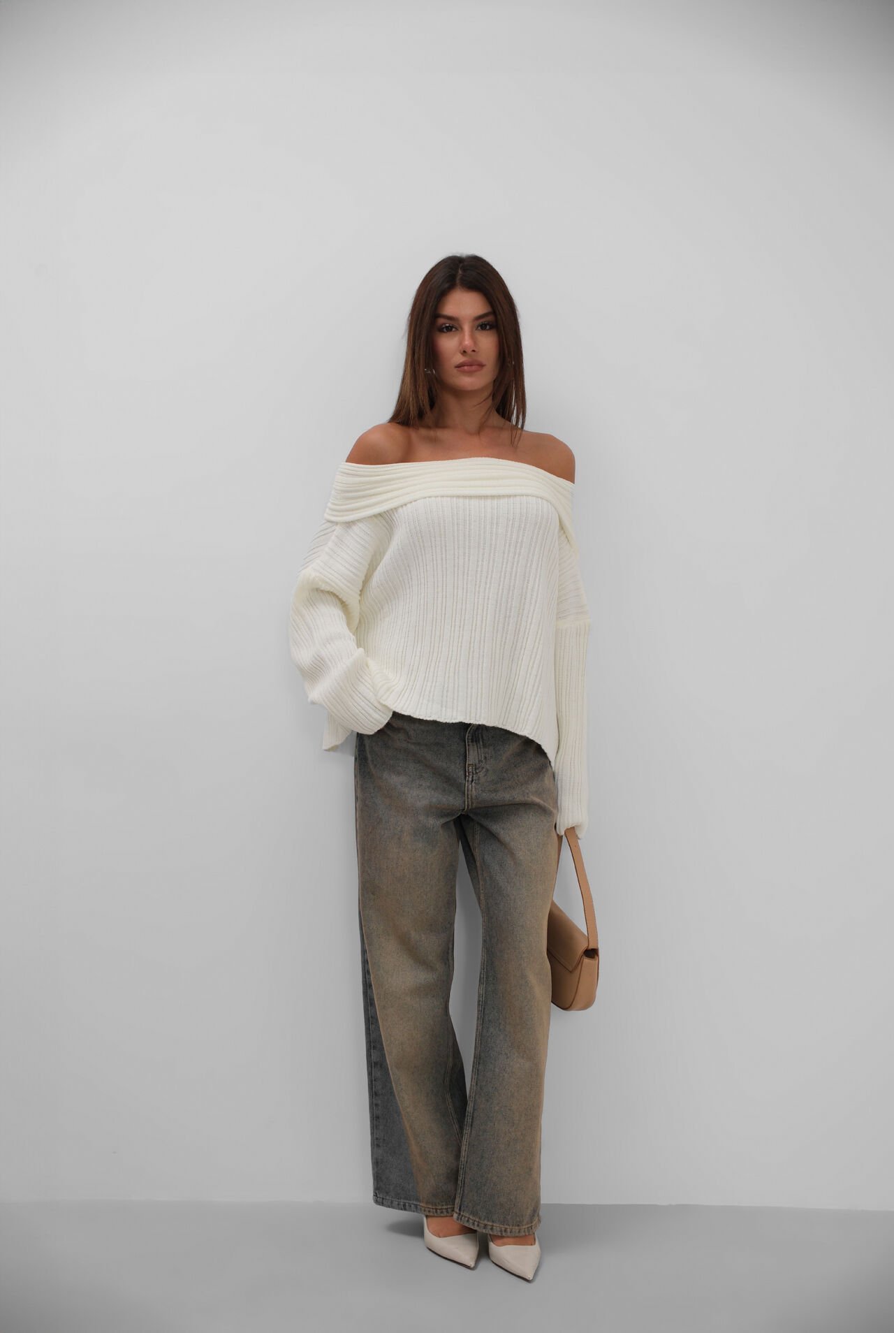 Wholesale Boat Neck Ribbed Knitted Sweater