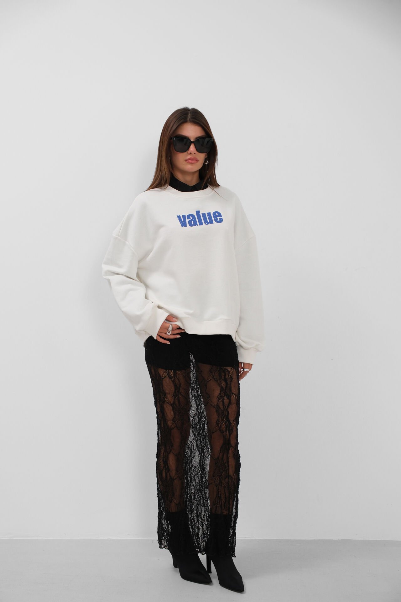 Toptan Baskılı Sıfır Yaka Oversize Ekru Sweatshirt