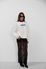 Toptan Baskılı Sıfır Yaka Oversize Ekru Sweatshirt