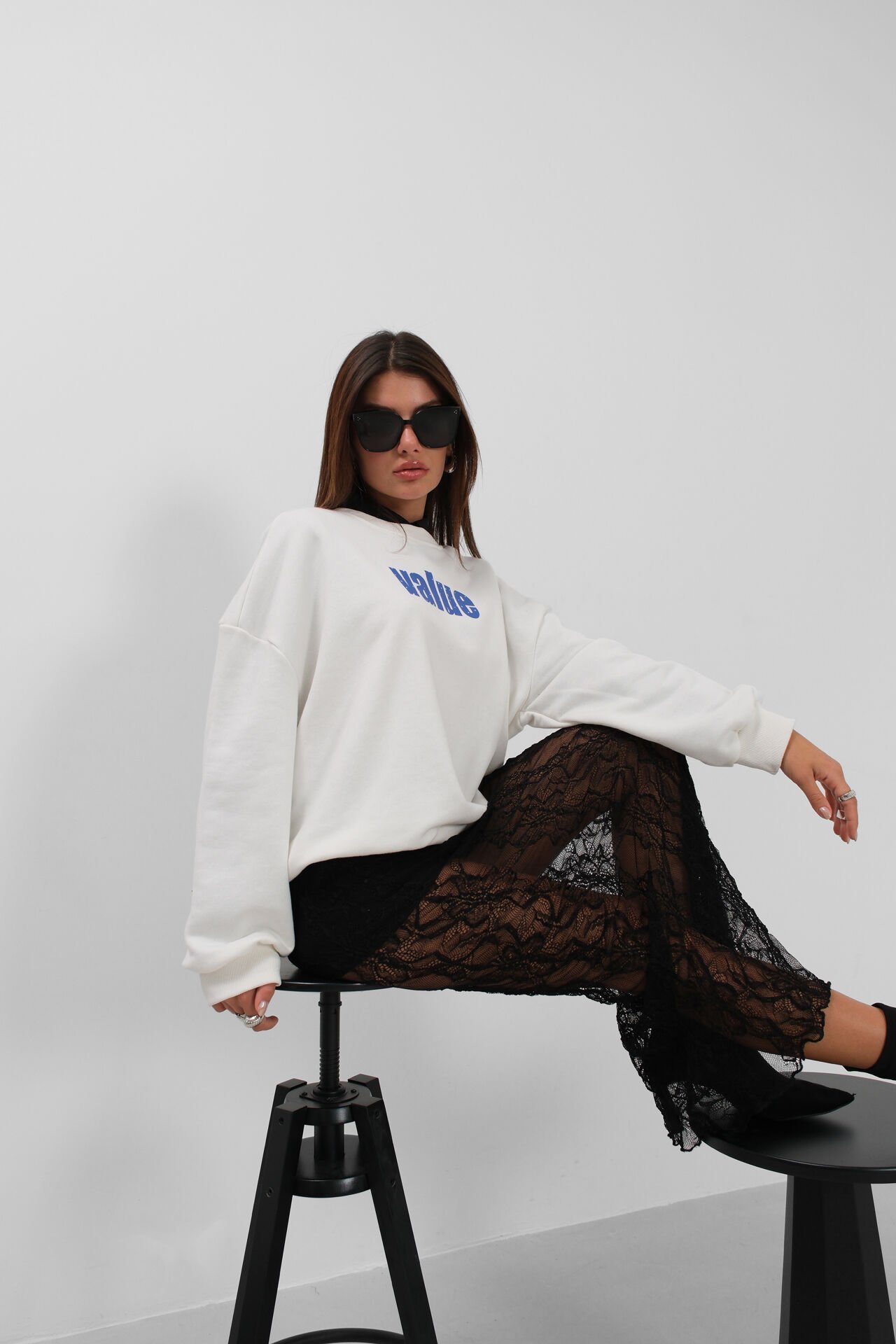 Toptan Baskılı Sıfır Yaka Oversize Ekru Sweatshirt