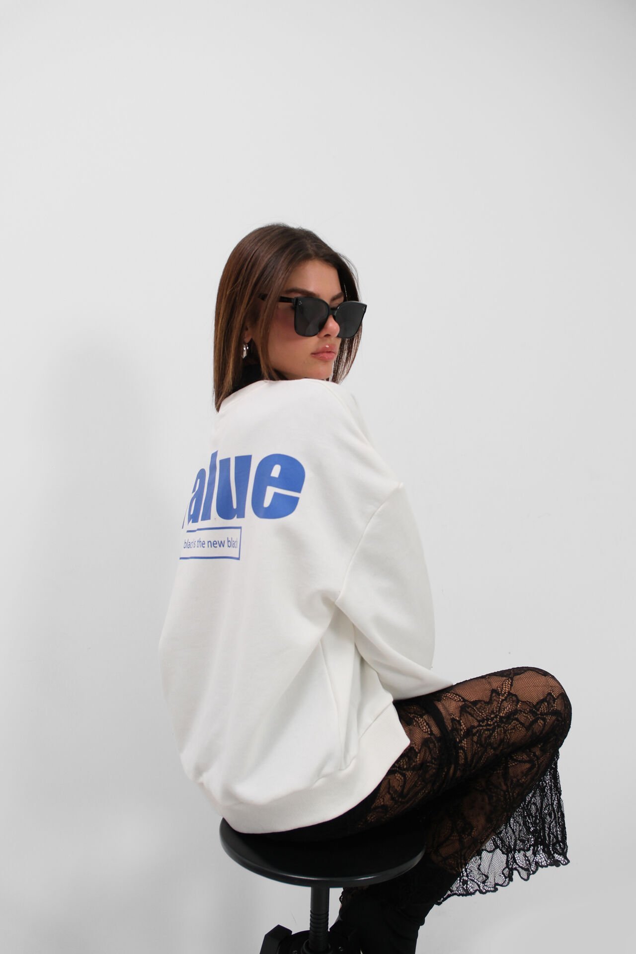 Toptan Baskılı Sıfır Yaka Oversize Ekru Sweatshirt