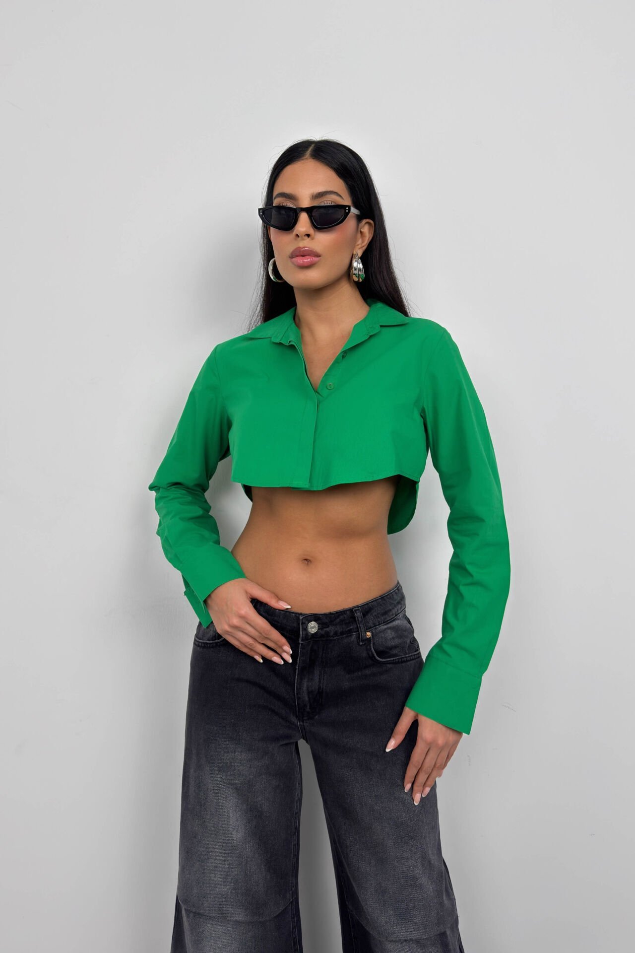 Wholesale Cuff Detail Green Crop Shirt