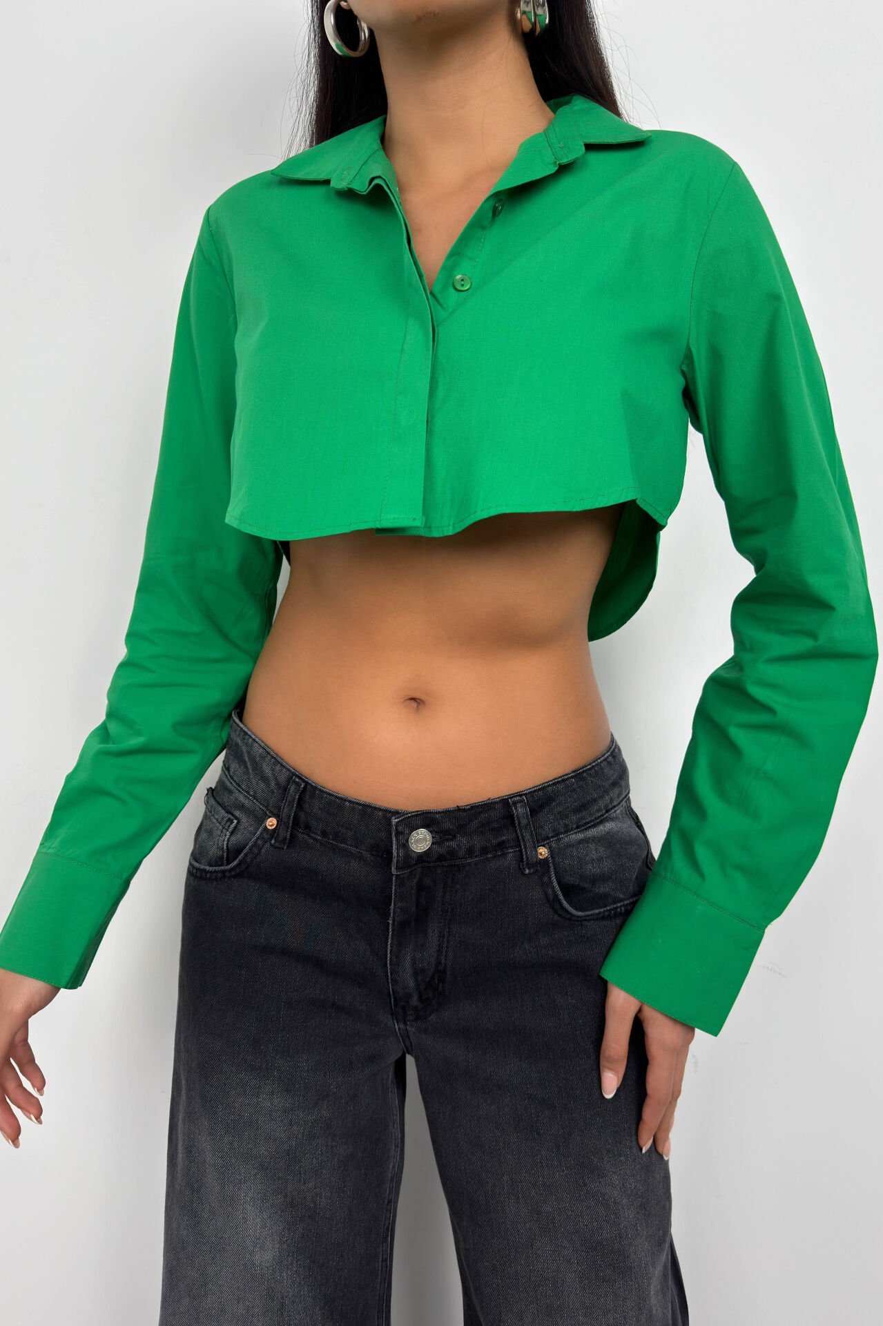 Wholesale Cuff Detail Green Crop Shirt