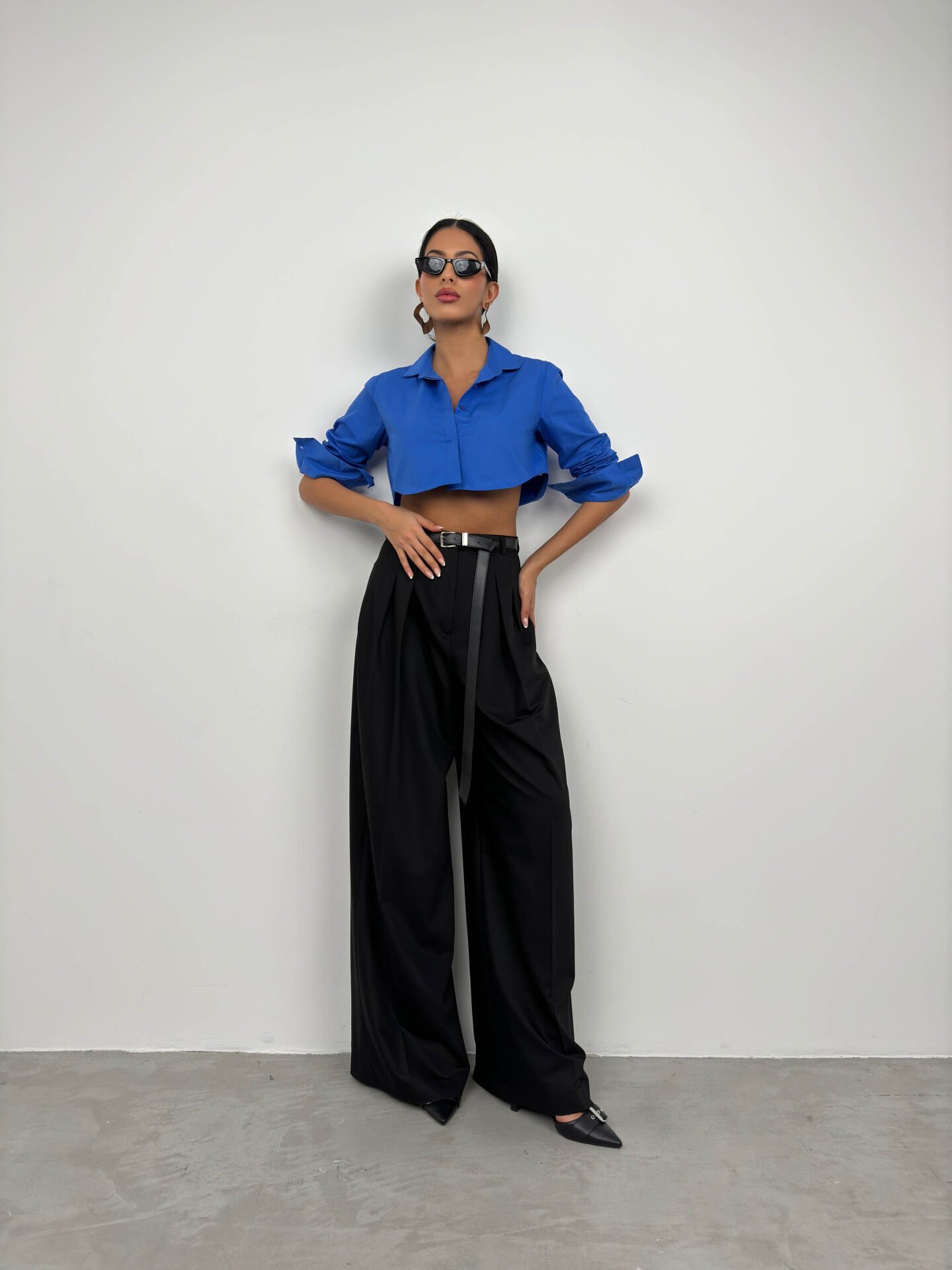 Wholesale Cuff Detail Saxe Crop Shirt