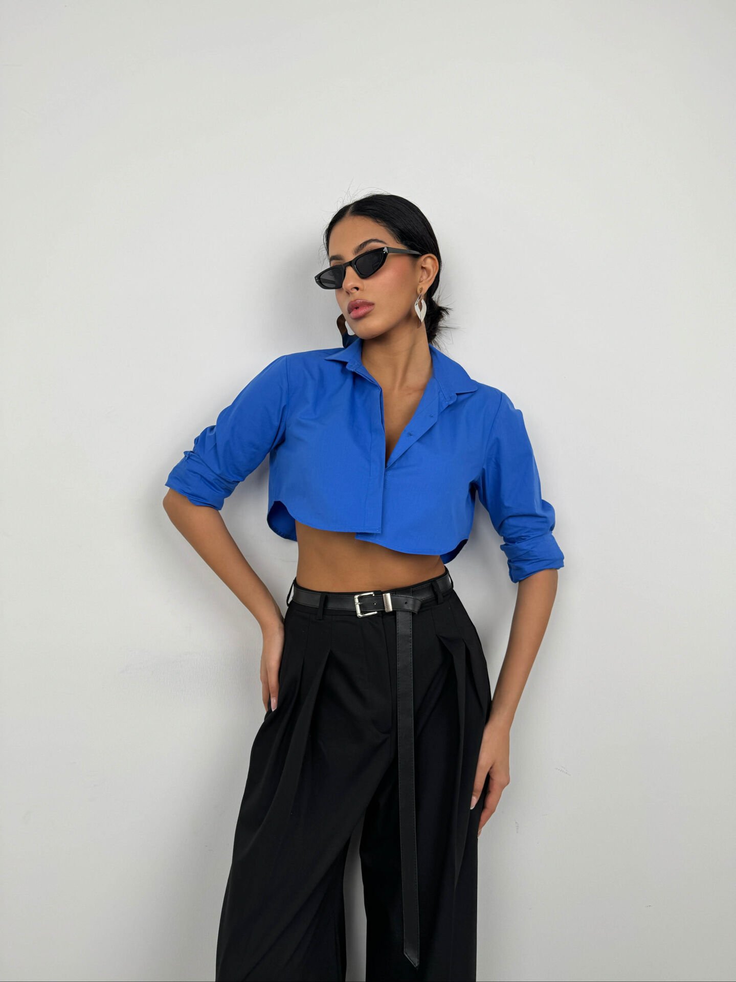 Wholesale Cuff Detail Saxe Crop Shirt
