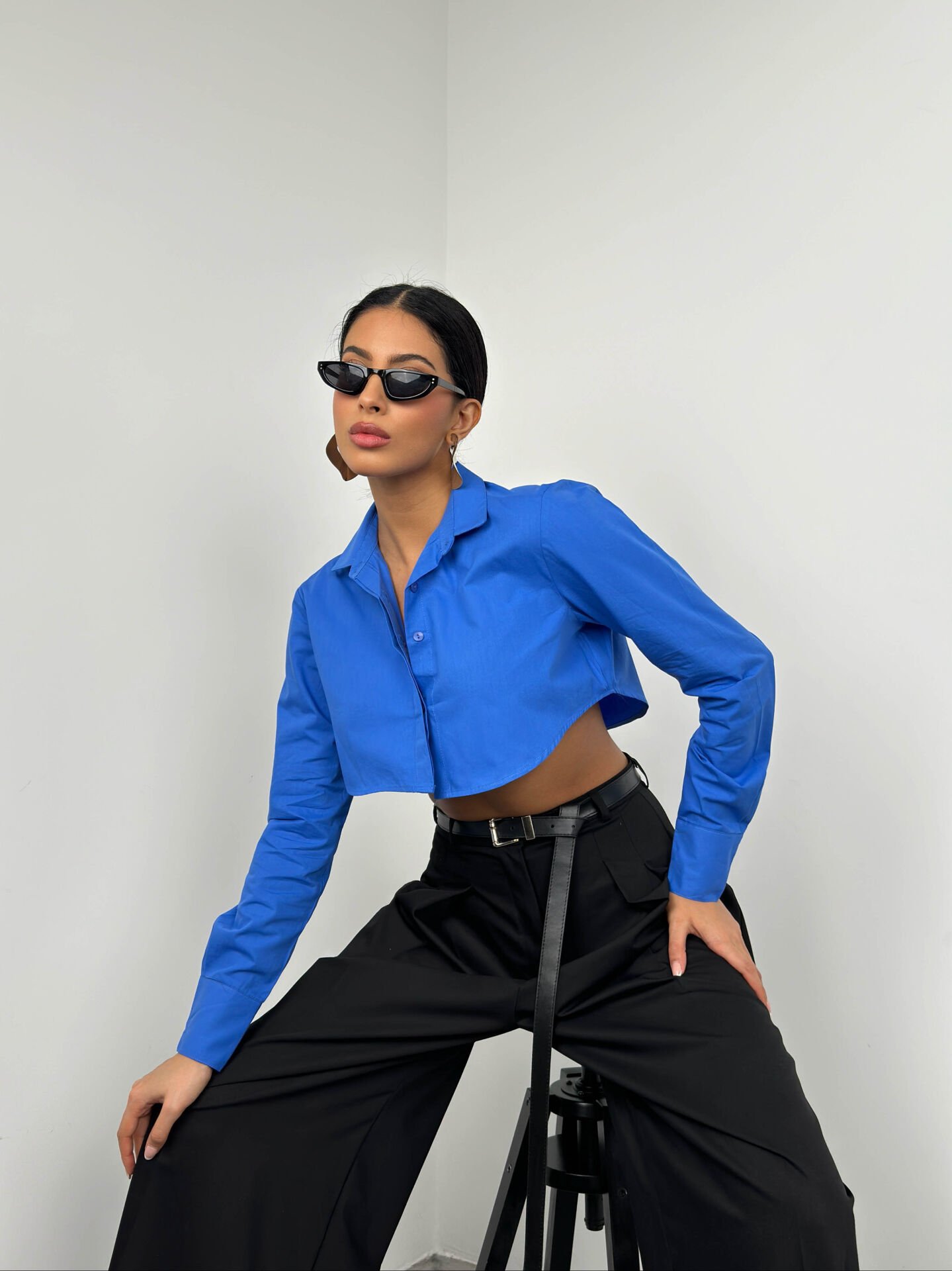 Wholesale Cuff Detail Saxe Crop Shirt