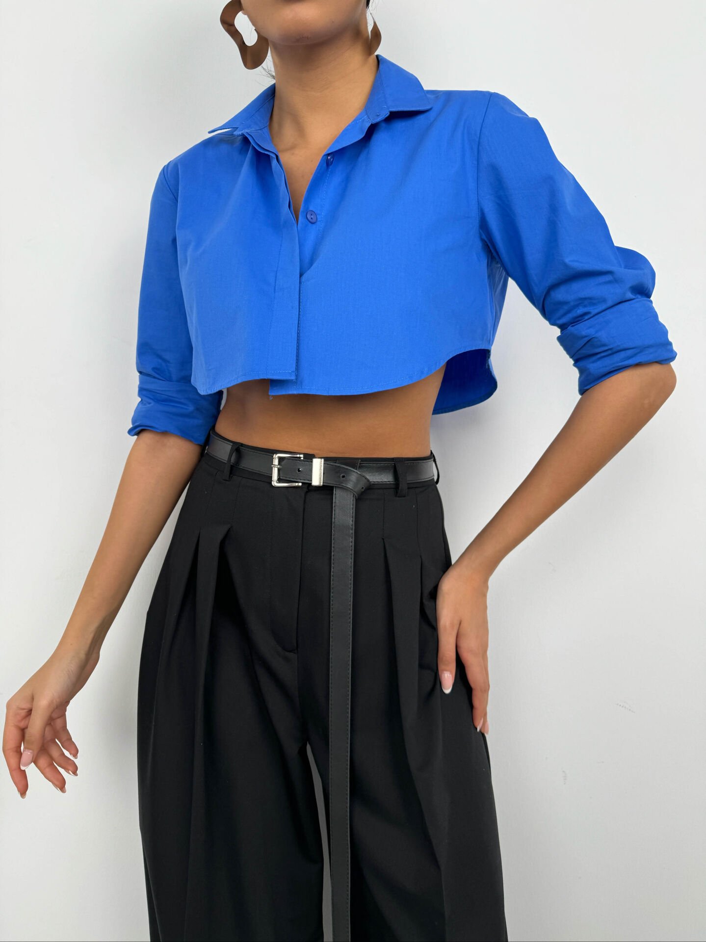 Wholesale Cuff Detail Saxe Crop Shirt