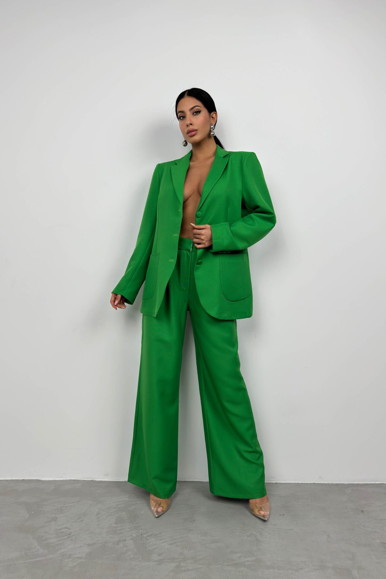 Wholesale Waist Fold Green Trousers Blazer Jacket Set