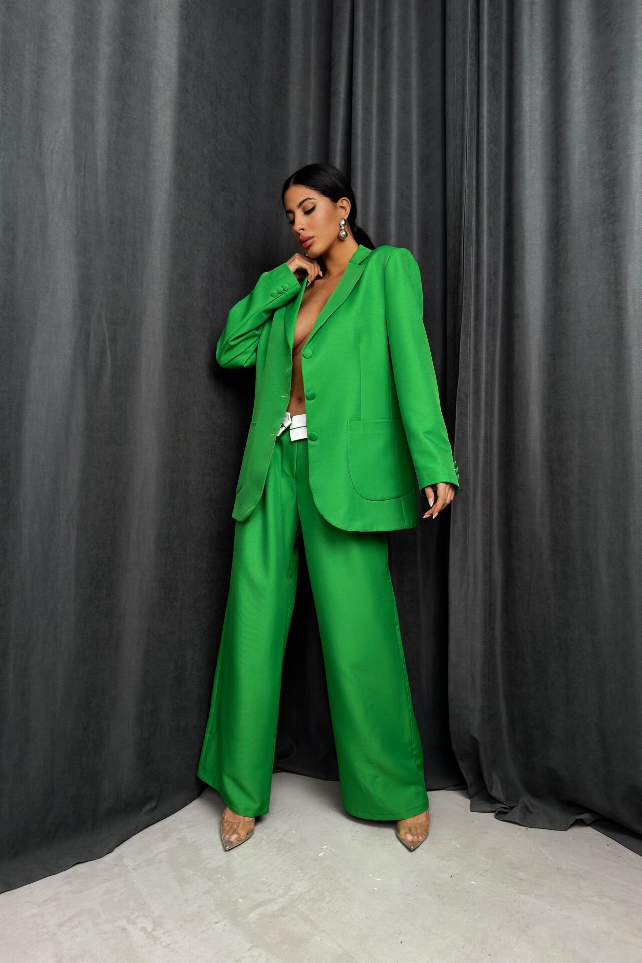 Wholesale Waist Fold Green Trousers Blazer Jacket Set
