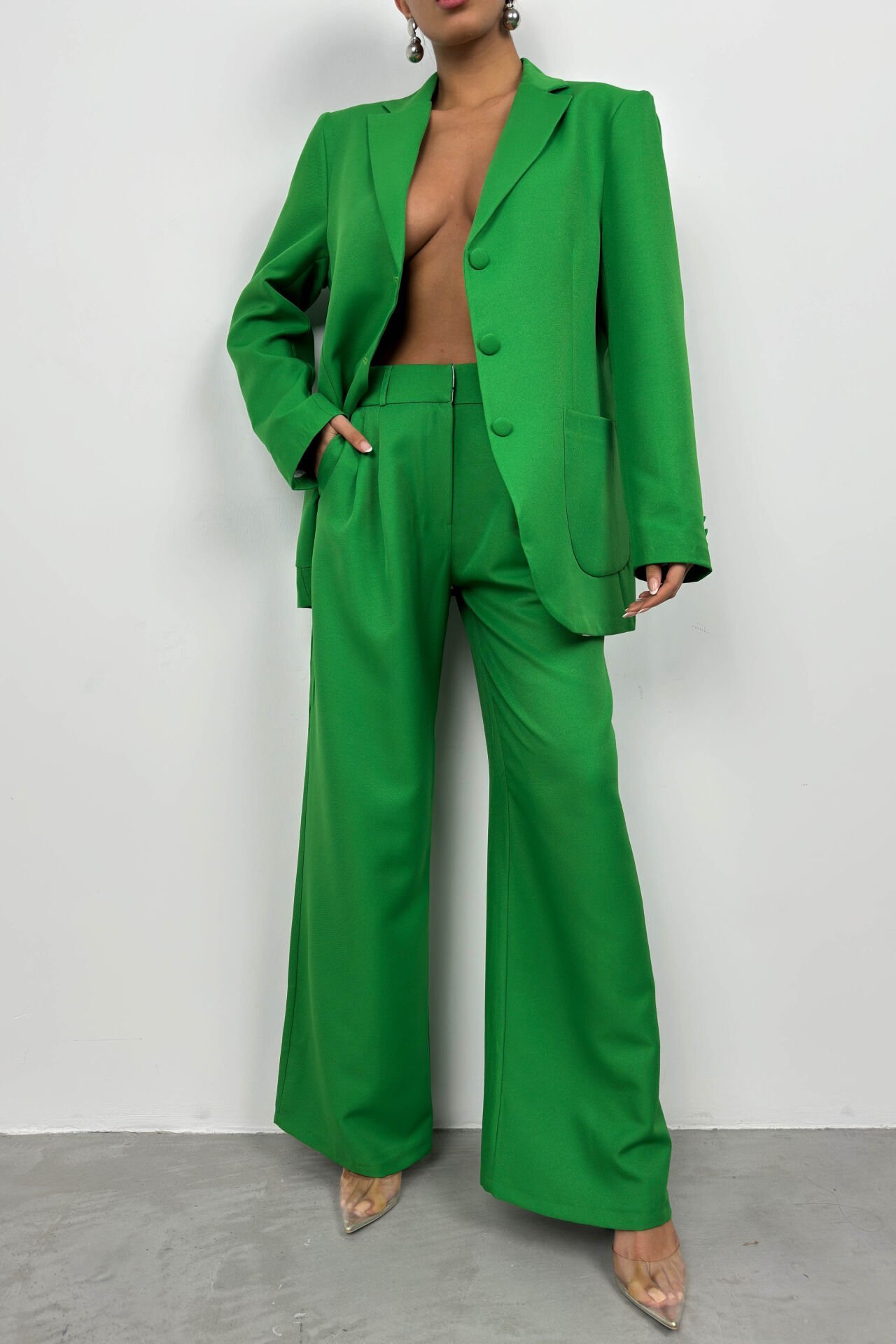Wholesale Waist Fold Green Trousers Blazer Jacket Set