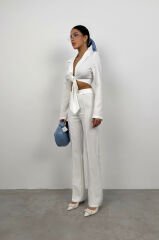 Toptan Bağlamalı Ekru Crop Ceket Pantolon Takım