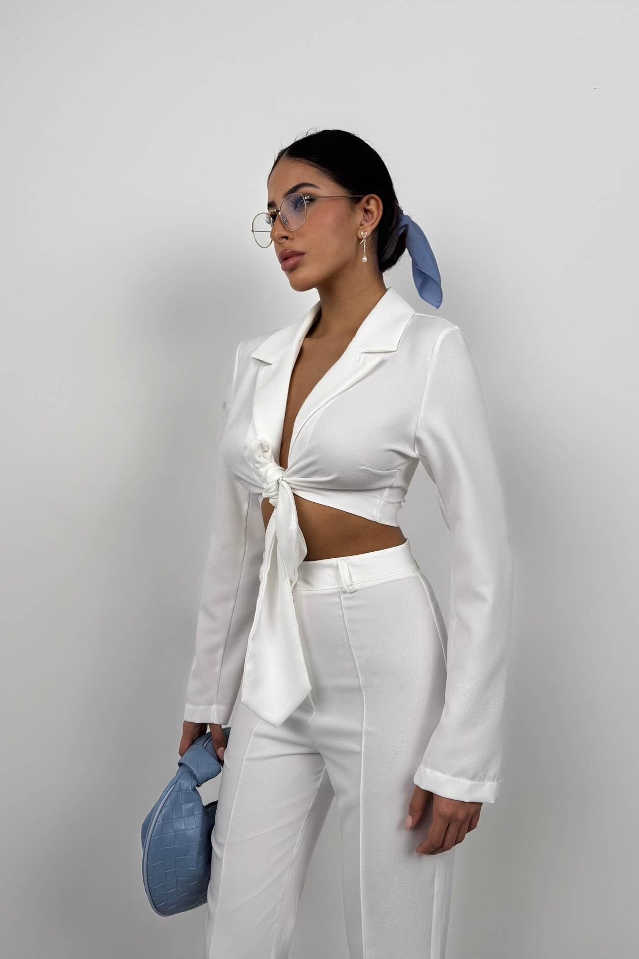 Toptan Bağlamalı Ekru Crop Ceket Pantolon Takım