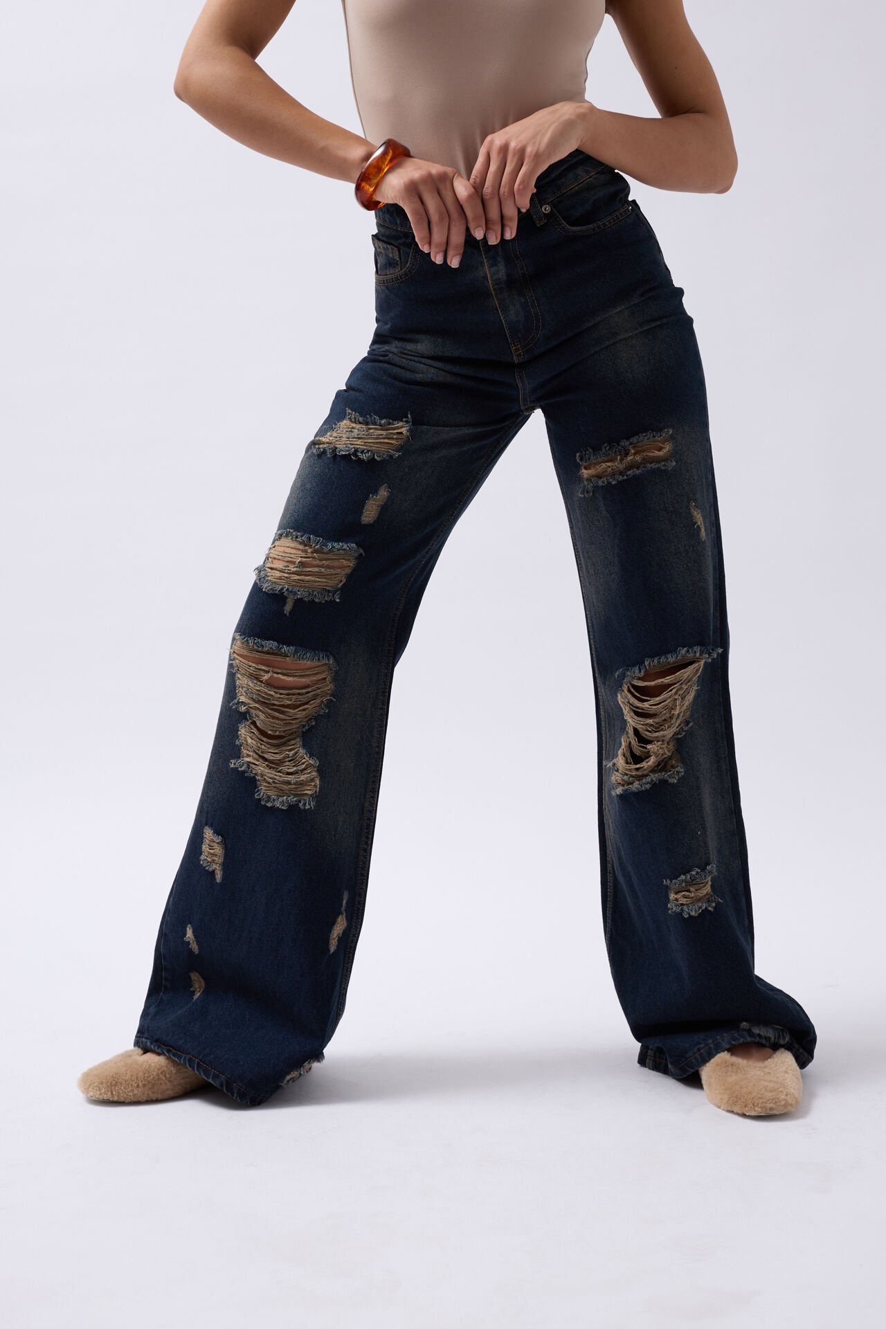 Wholesale Laser Washed Wide Leg Jeans