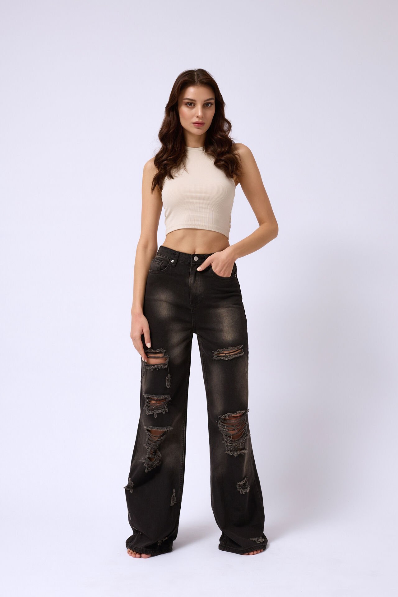 Wholesale Laser Washed Wide Leg Jeans