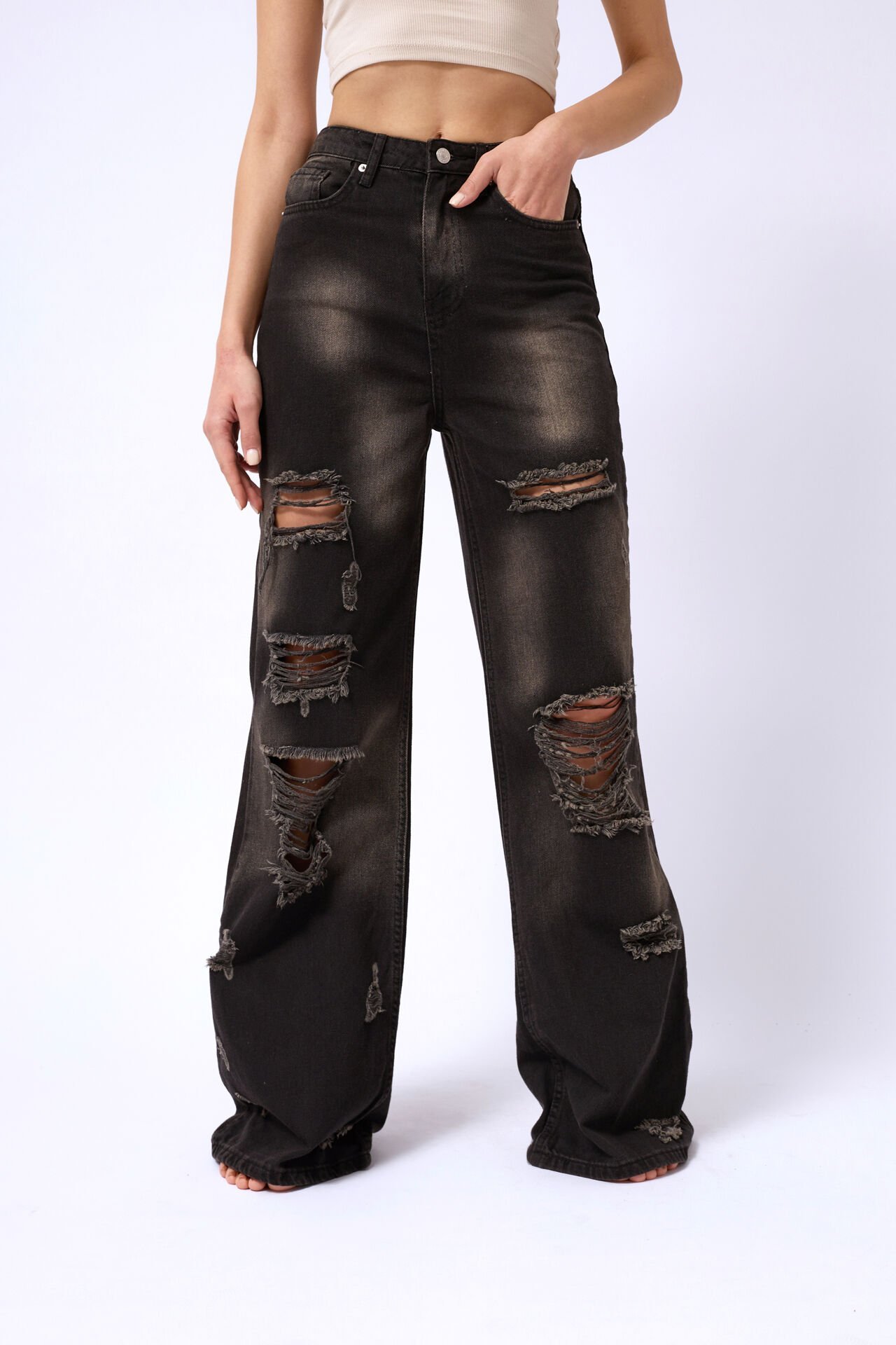 Wholesale Laser Washed Wide Leg Jeans