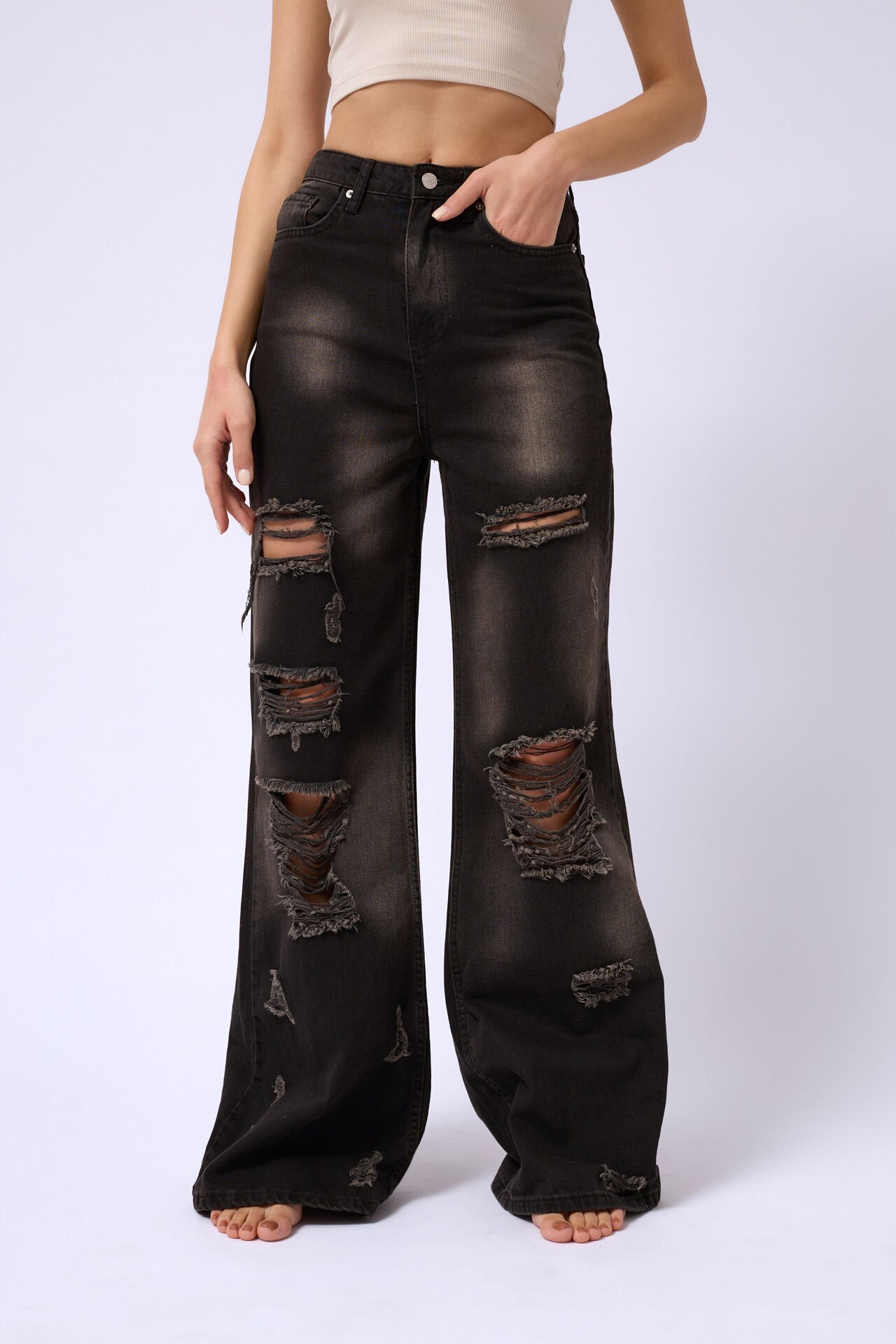 Wholesale Laser Washed Wide Leg Jeans