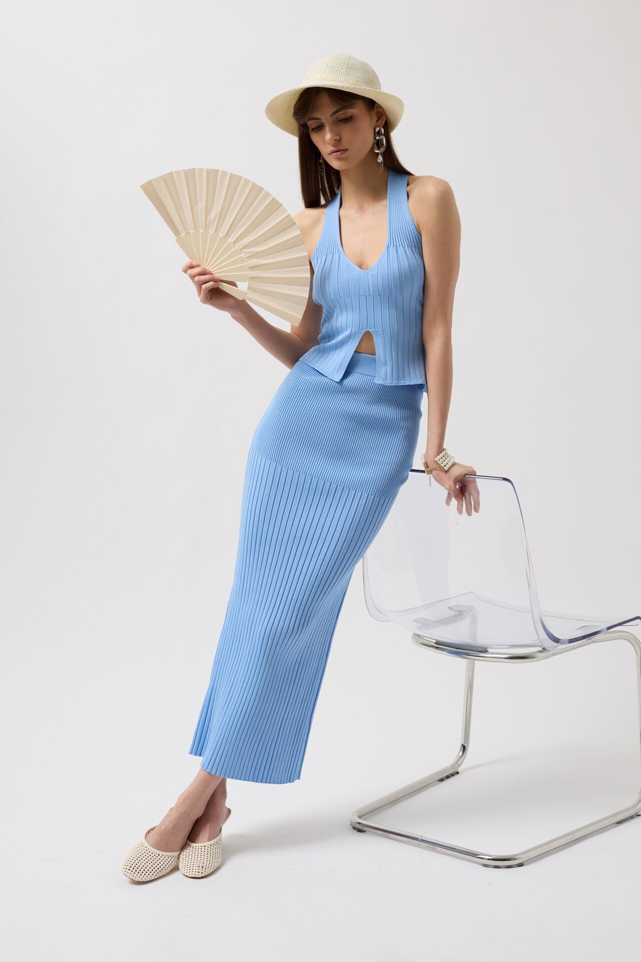 Оптовая продажа с высокой талией, текстурированная нежно-голубая юбка