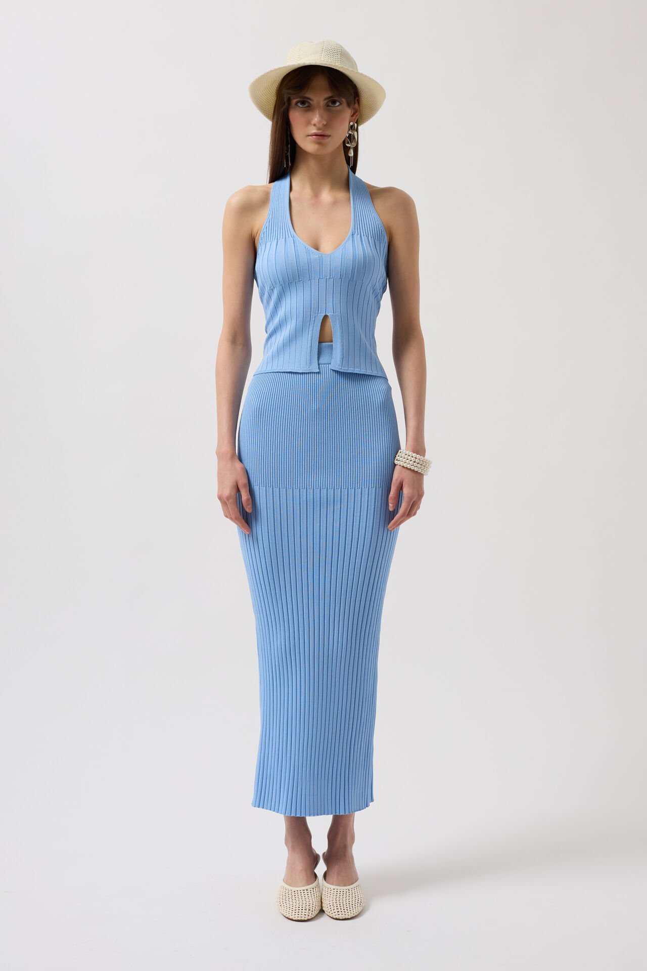 Оптовая продажа с высокой талией, текстурированная нежно-голубая юбка