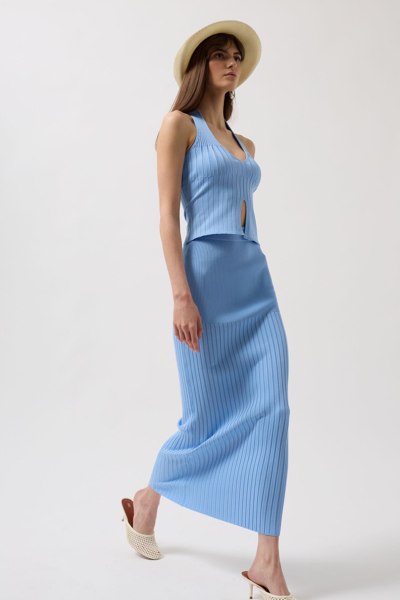 Оптовая продажа с высокой талией, текстурированная нежно-голубая юбка