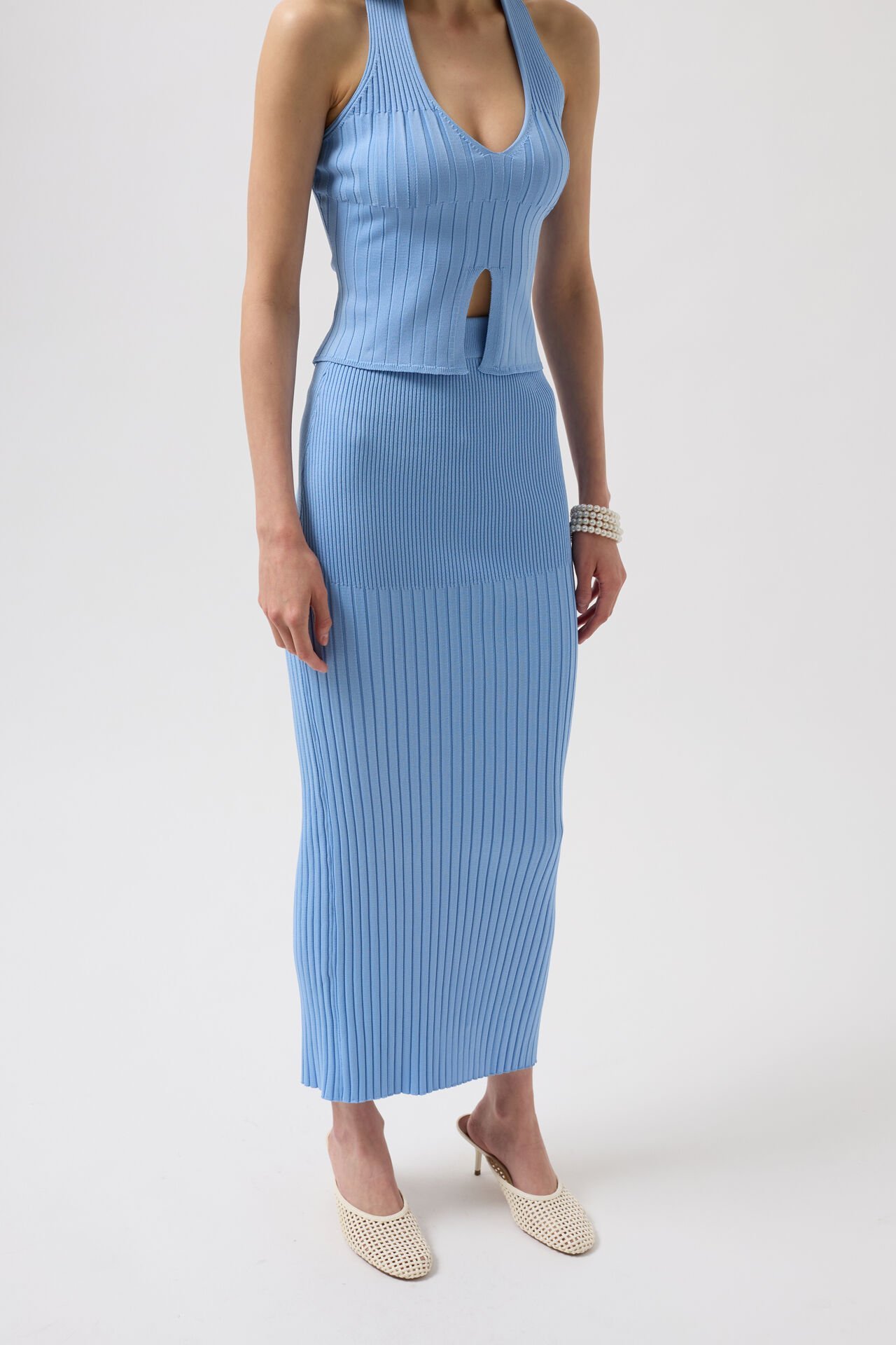 Оптовая продажа с высокой талией, текстурированная нежно-голубая юбка