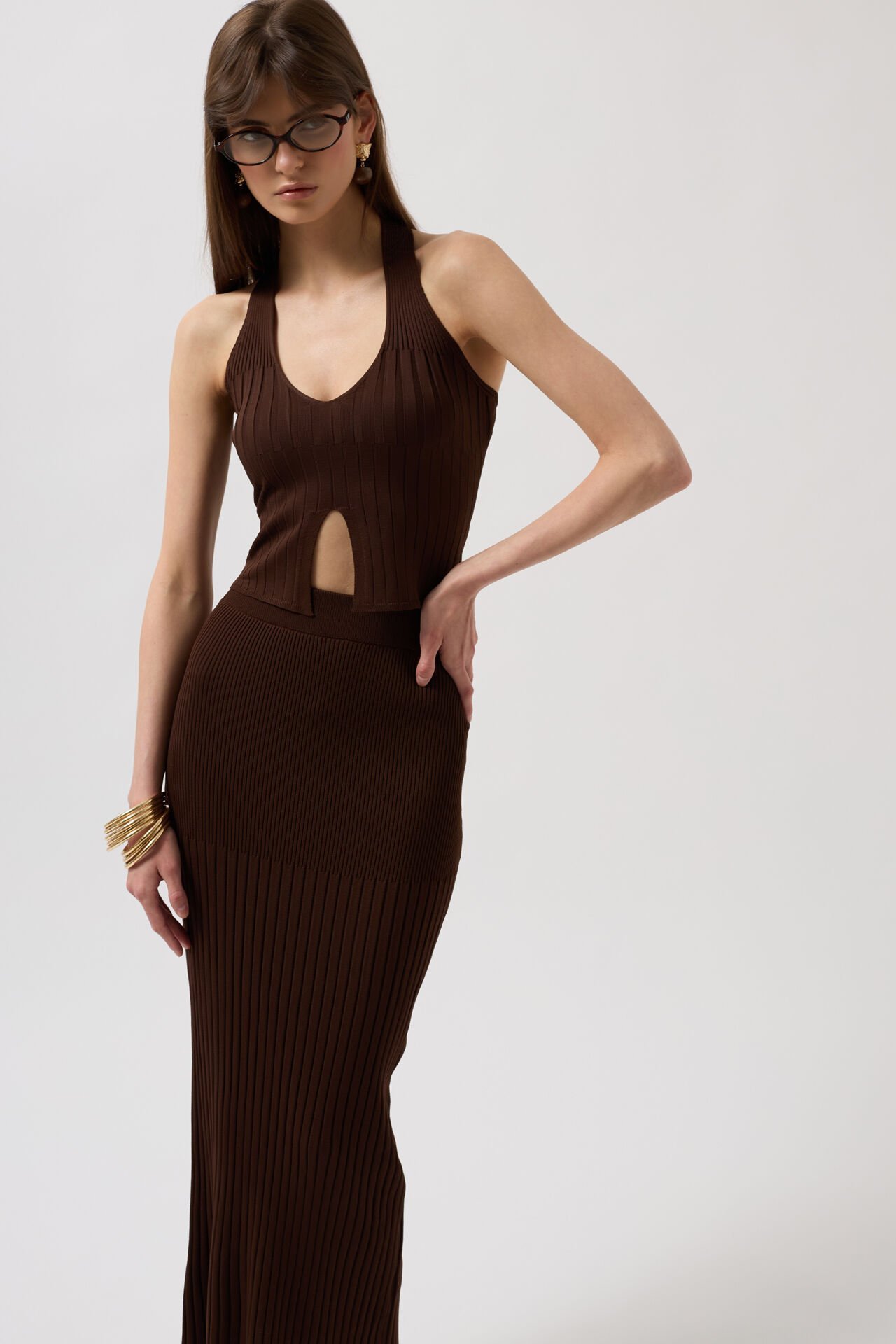 Оптовая продажа с высокой талией, текстурированная коричневая юбка