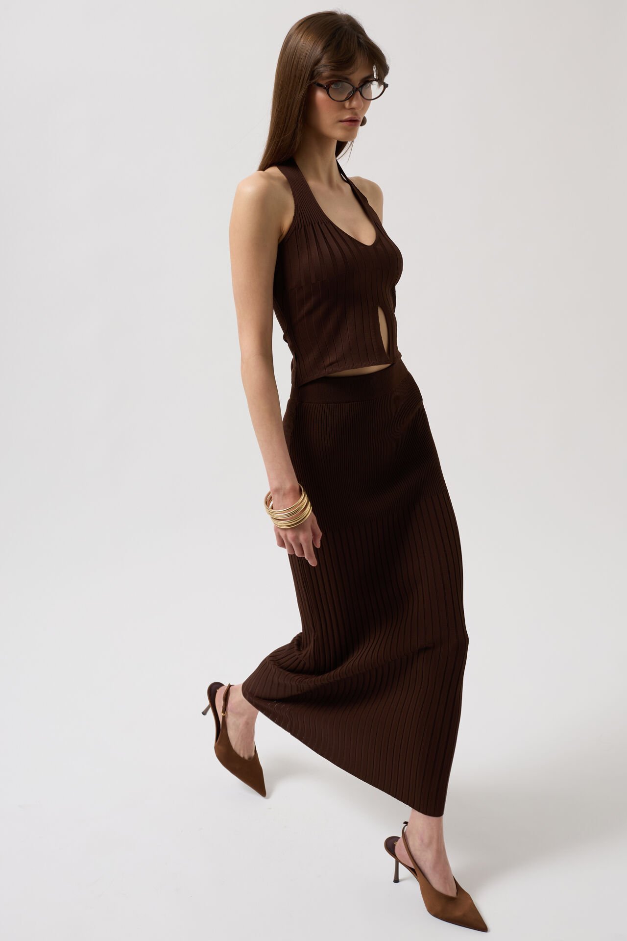 Оптовая продажа с высокой талией, текстурированная коричневая юбка