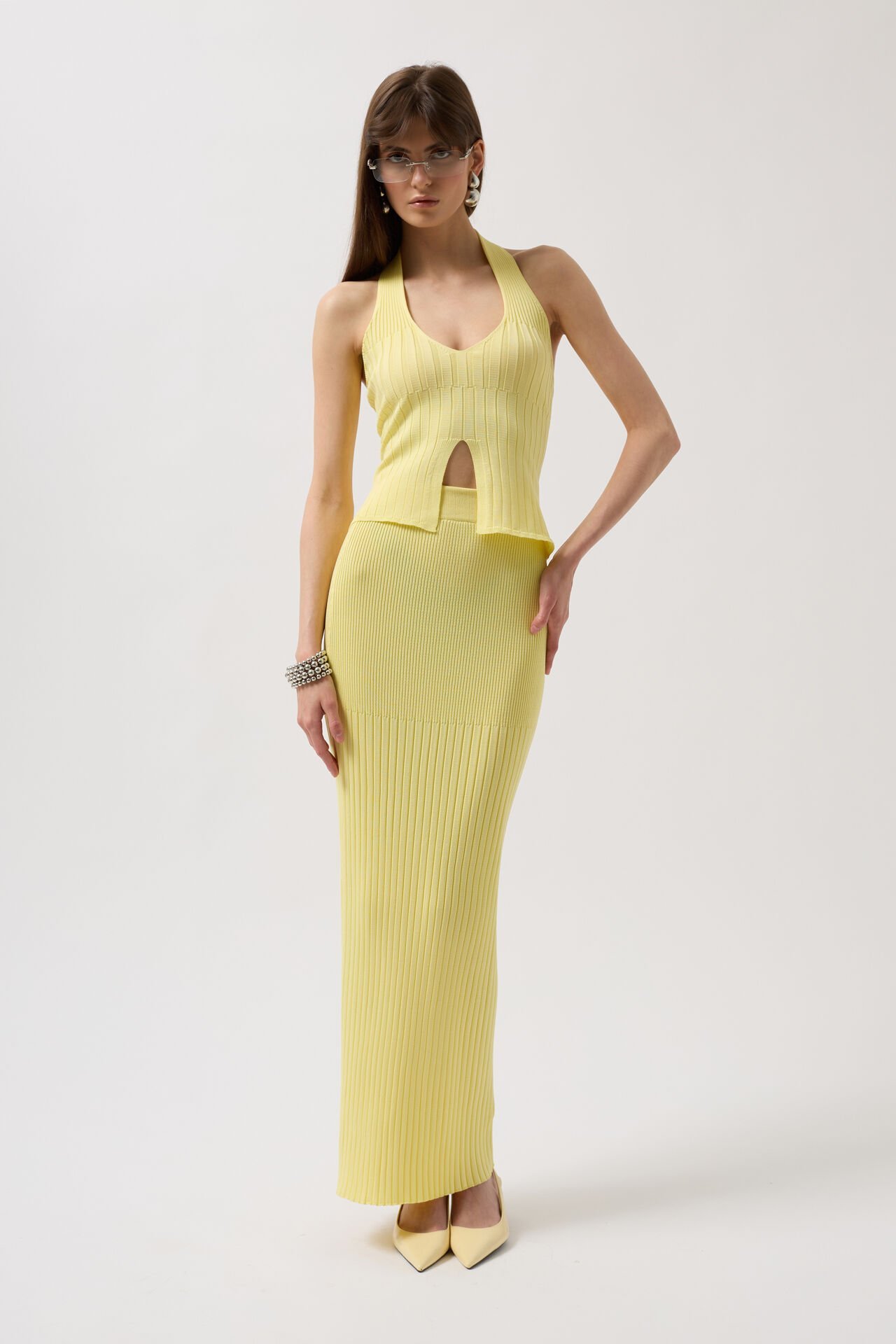 Оптовая продажа с высокой талией, текстурированная желтая юбка