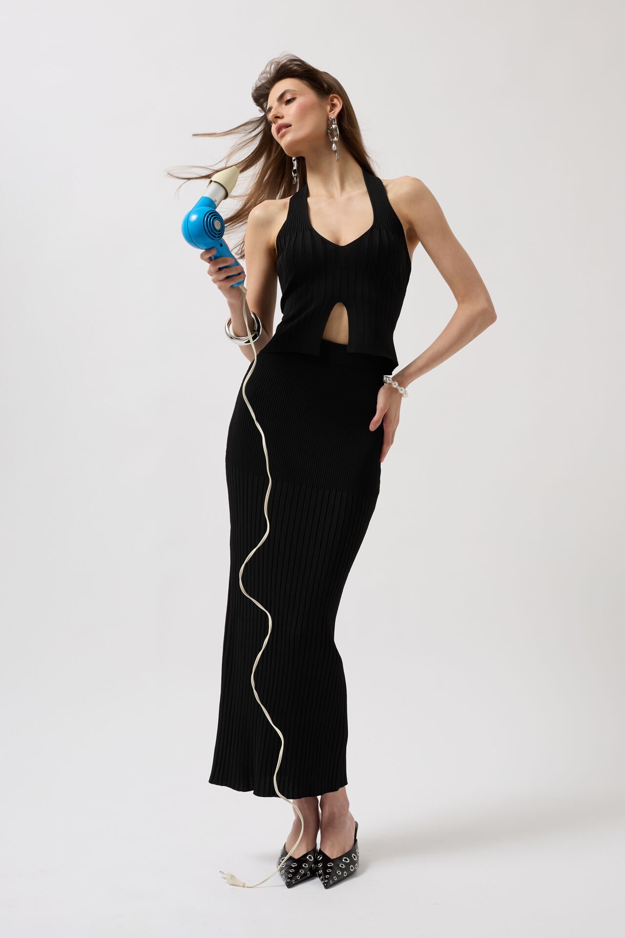 Оптовая продажа с высокой талией, текстурированная черная юбка