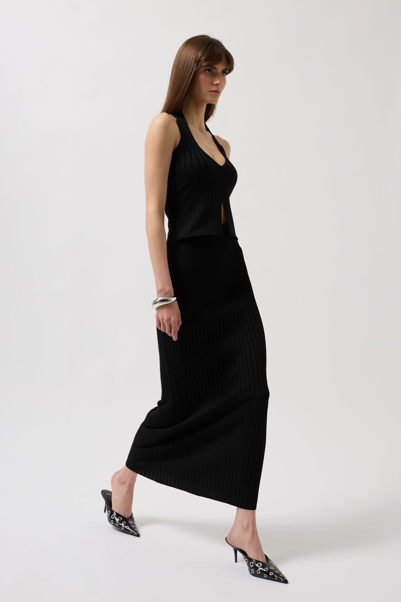 Оптовая продажа с высокой талией, текстурированная черная юбка