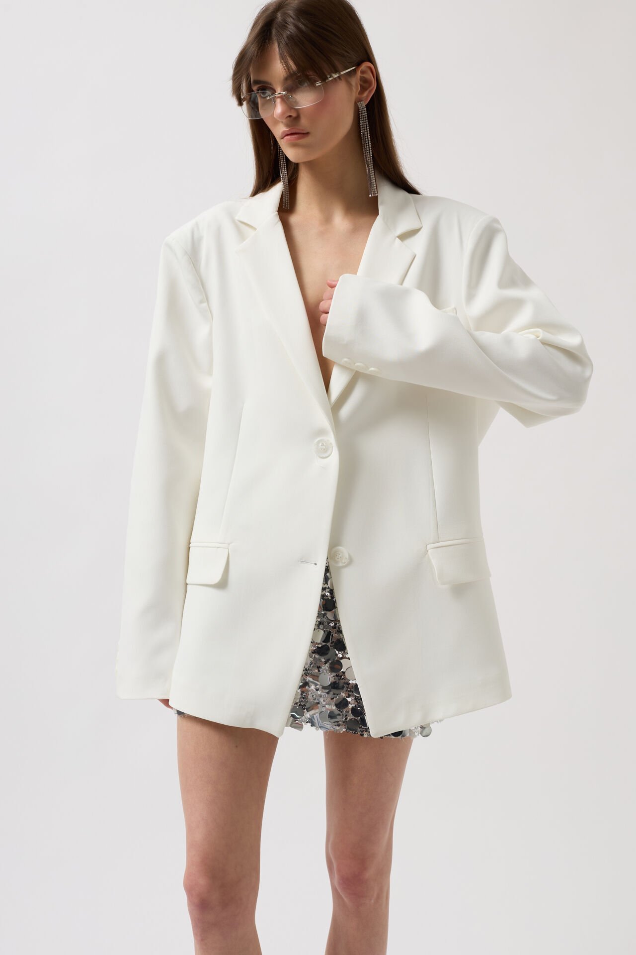 Toptan Basic Oversize Beyaz Ceket