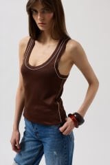 Toptan Biye Detay Halter Yaka Kahverengi Beyaz Bluz