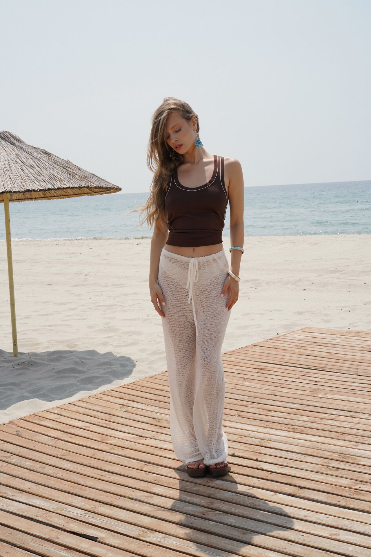 Wholesale Piping Detail Halter Neck Brown White Blouse