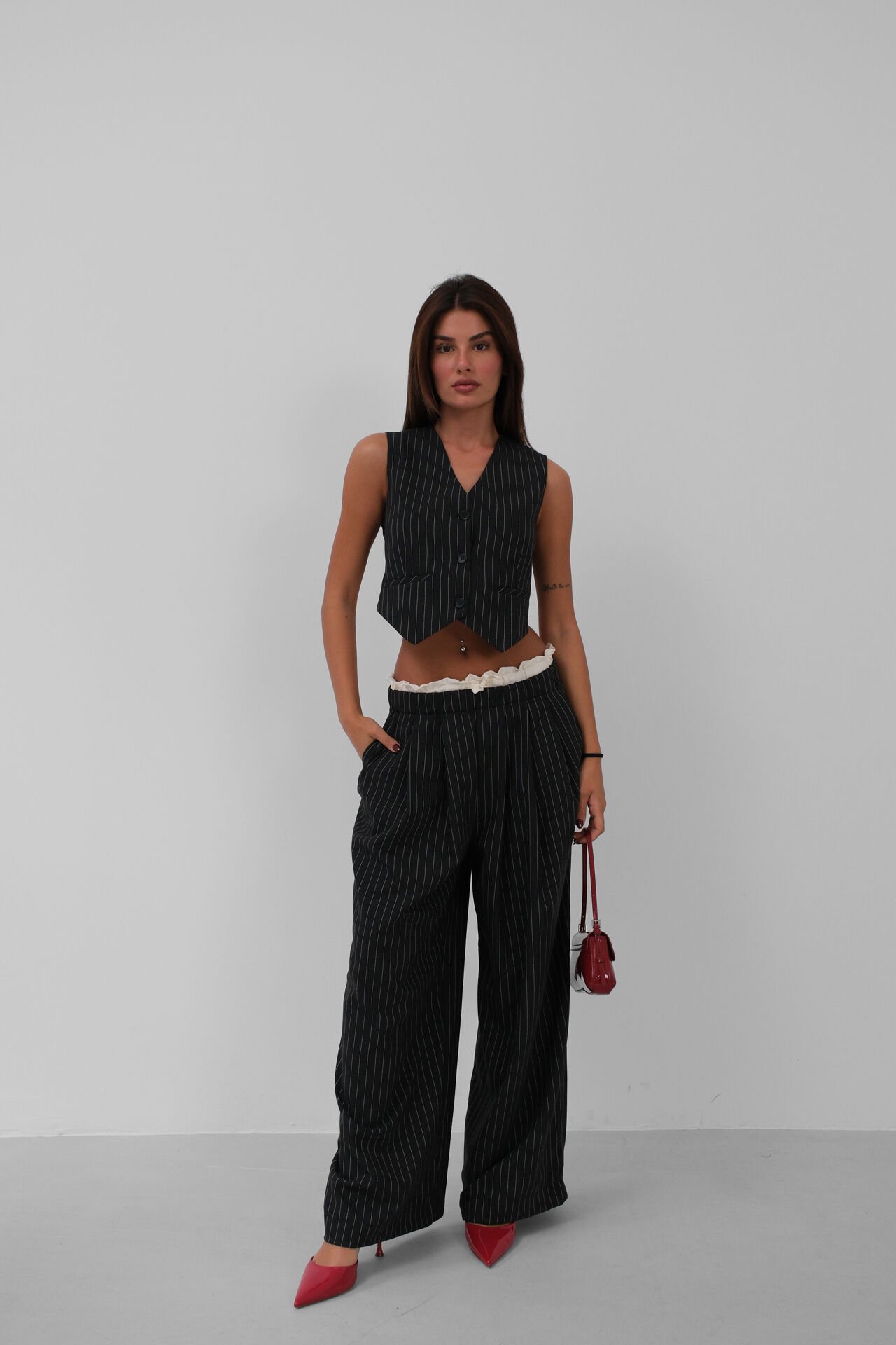Wholesale Satin Garnished Low Waist Striped Trousers
