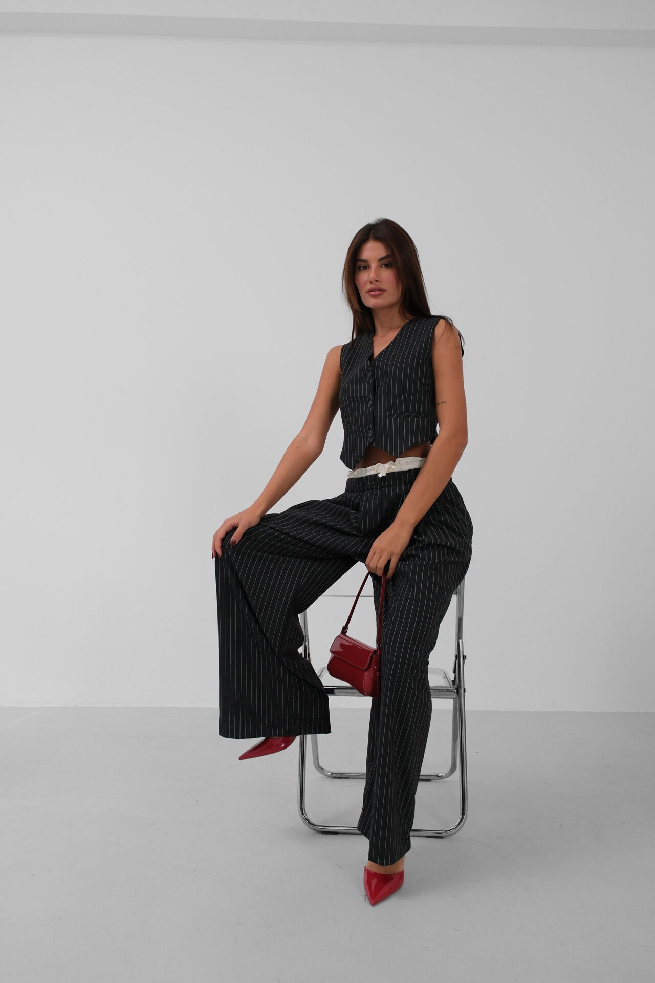 Wholesale Satin Garnished Low Waist Striped Trousers