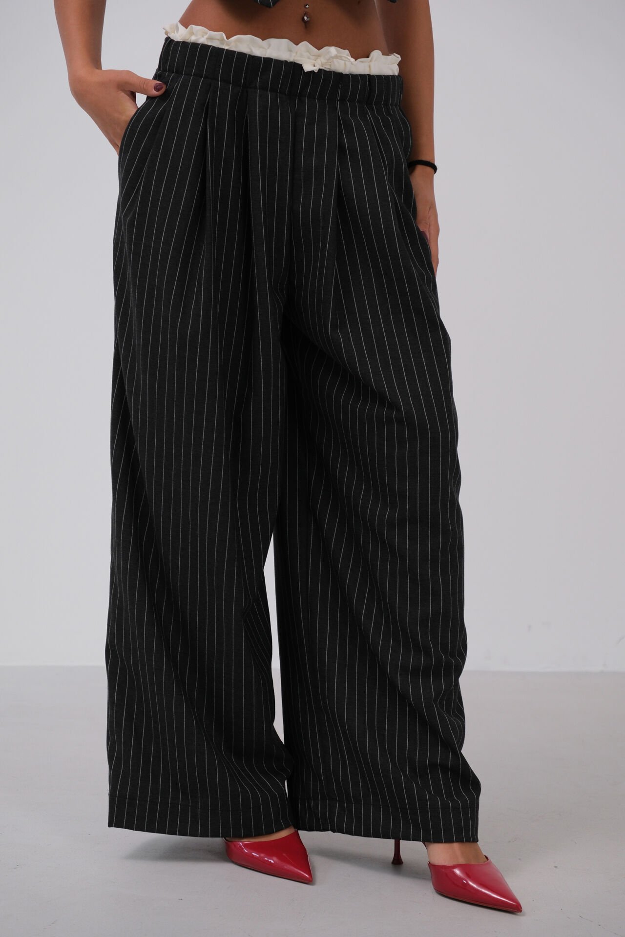 Wholesale Satin Garnished Low Waist Striped Trousers