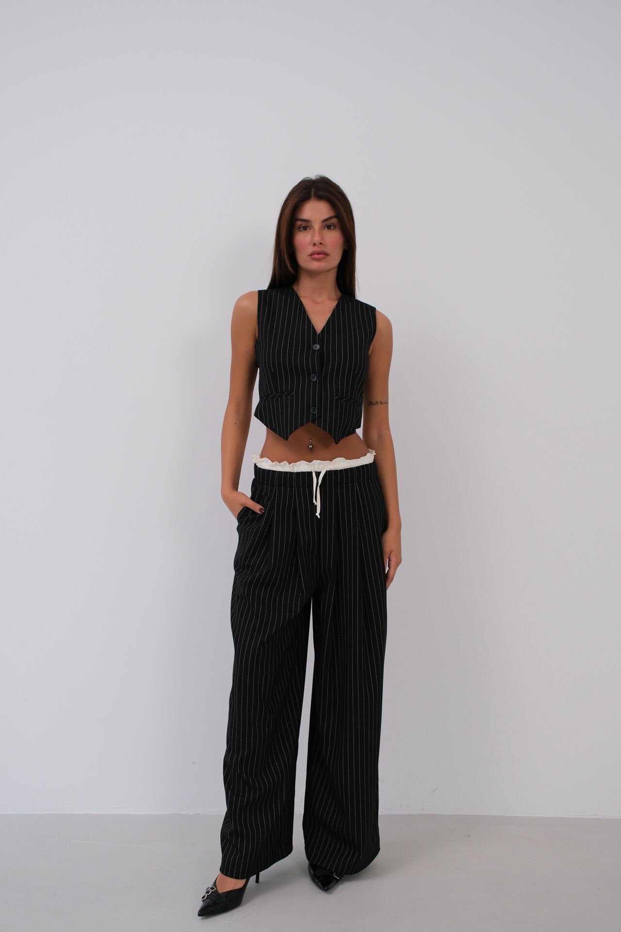 Wholesale Satin Garnished Low Waist Striped Trousers