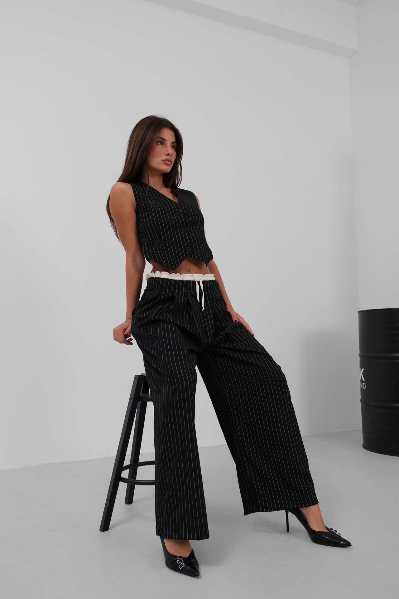 Wholesale Satin Garnished Low Waist Striped Trousers